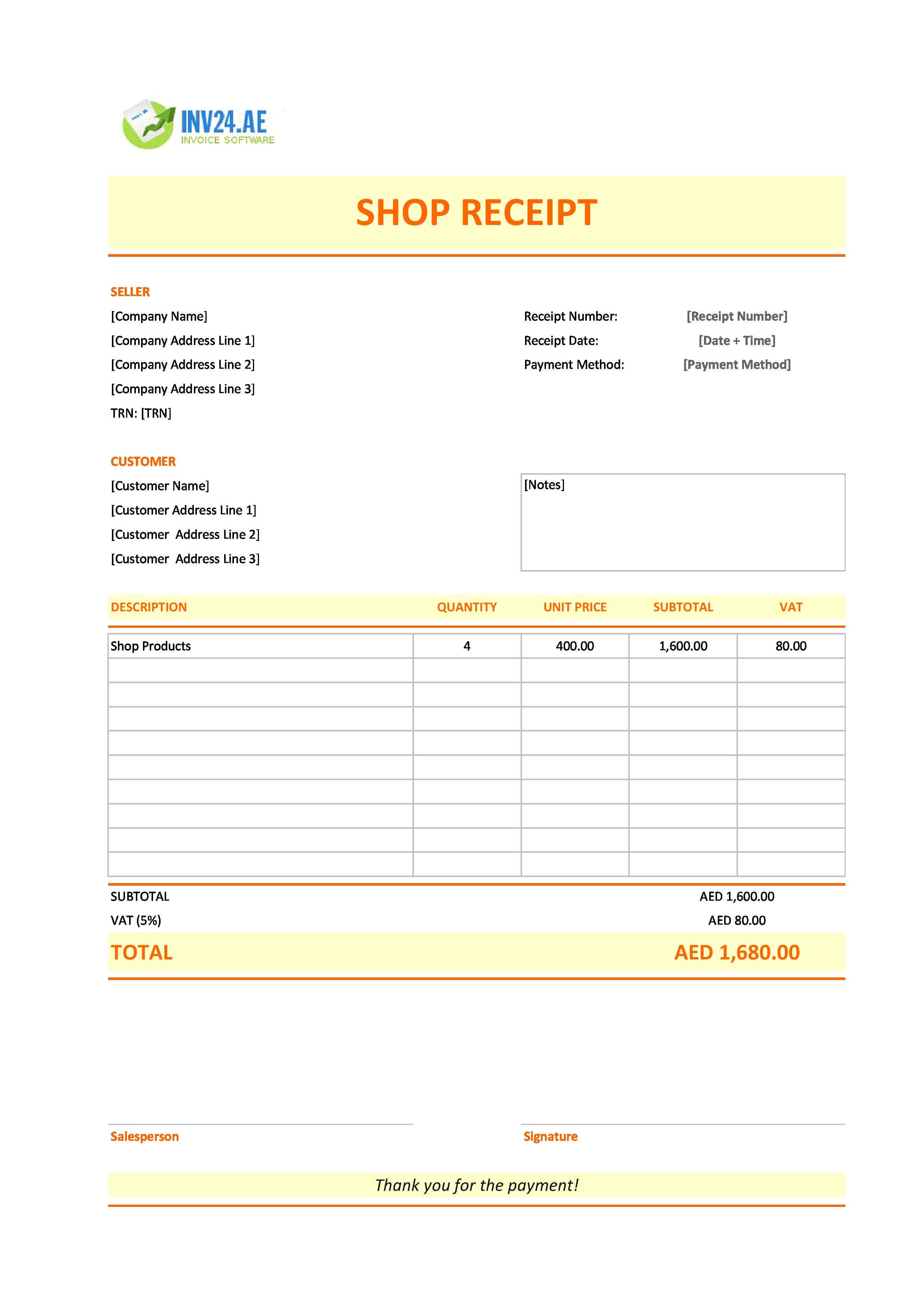 Shop Receipt Template for UAE (Excel / Google Sheets)