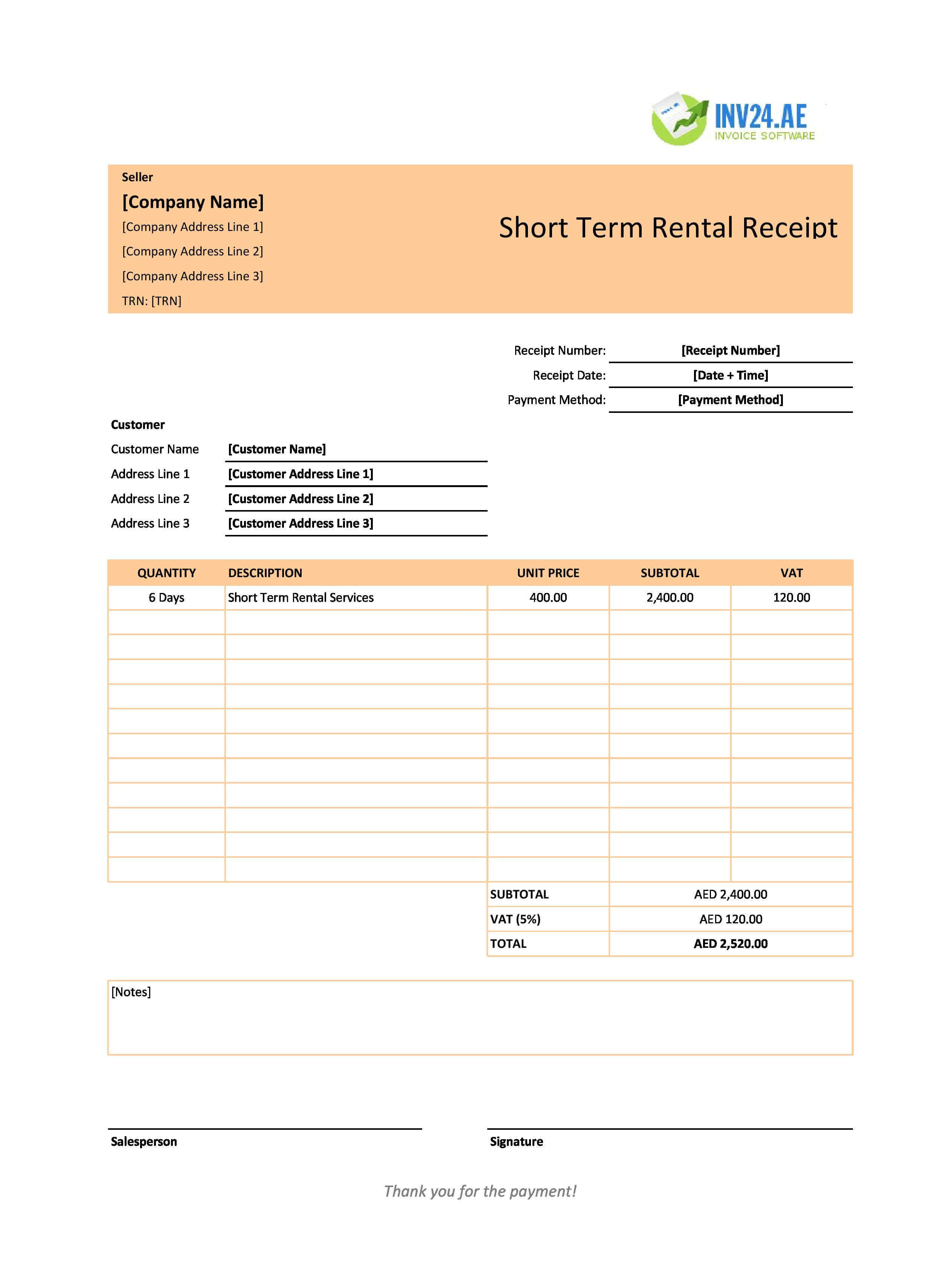 Short Term Rental Receipt Template for UAE (Excel / Google Sheets)