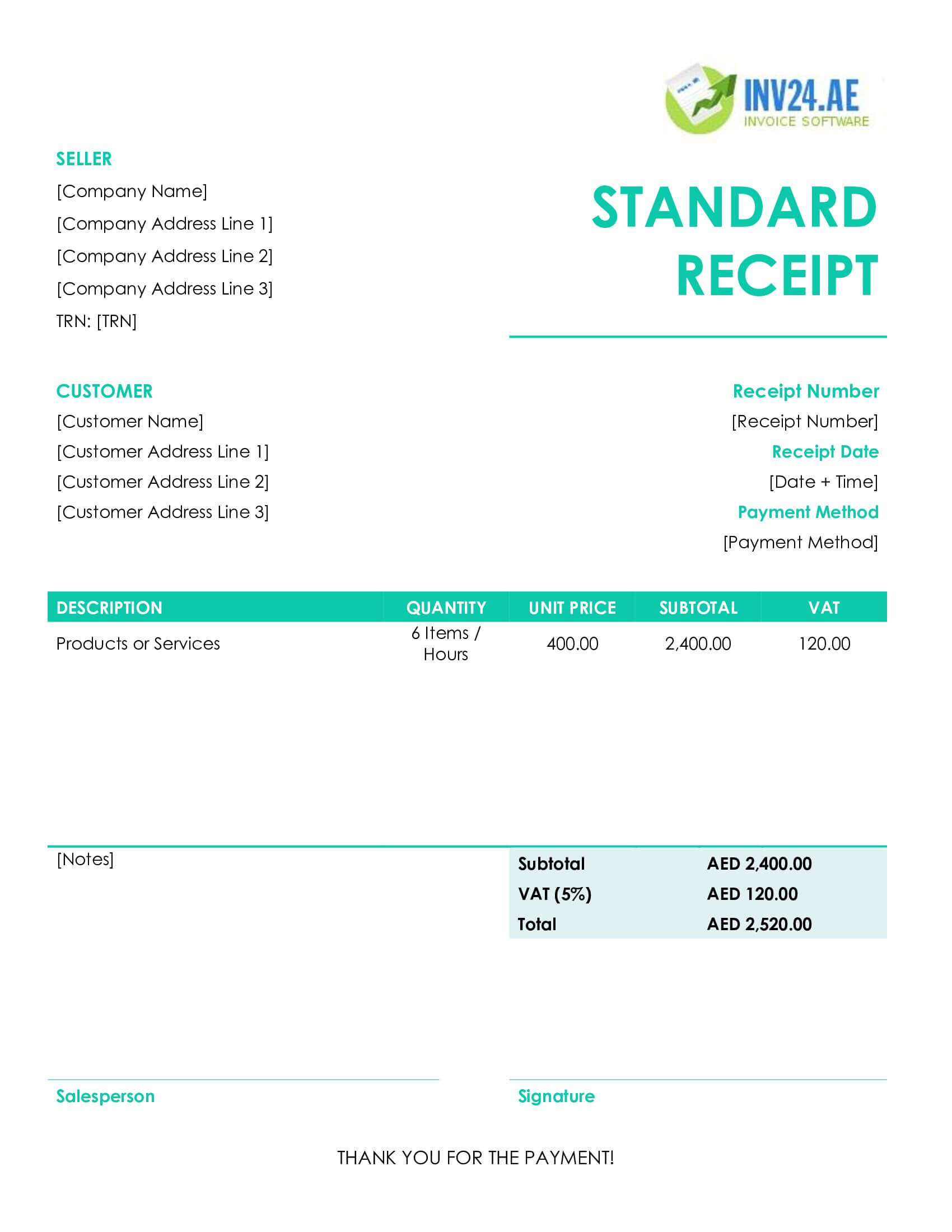 Standard Receipt Template for UAE (Word / Google Docs)