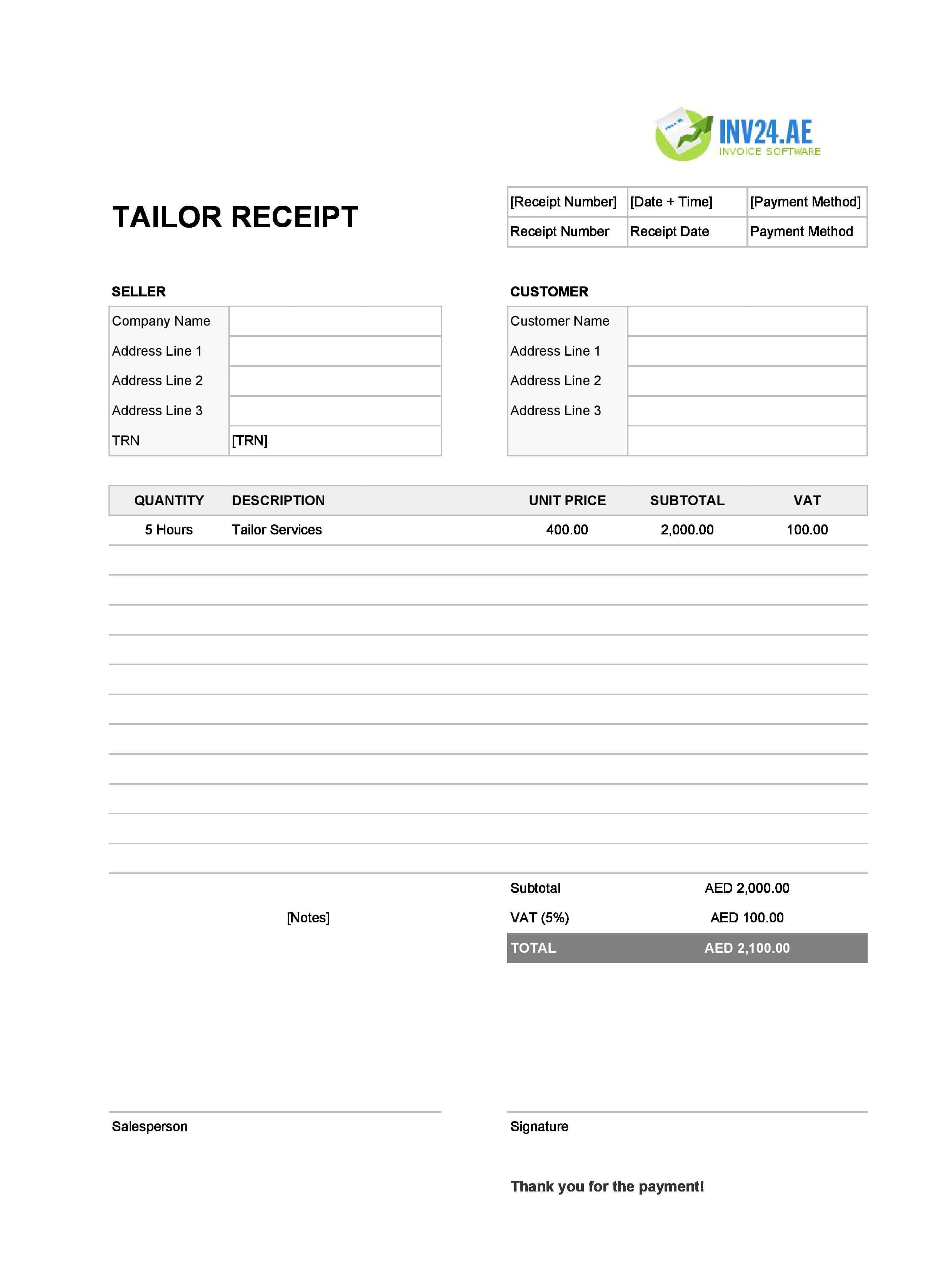 Tailor Receipt Template for UAE (Excel / Google Sheets)