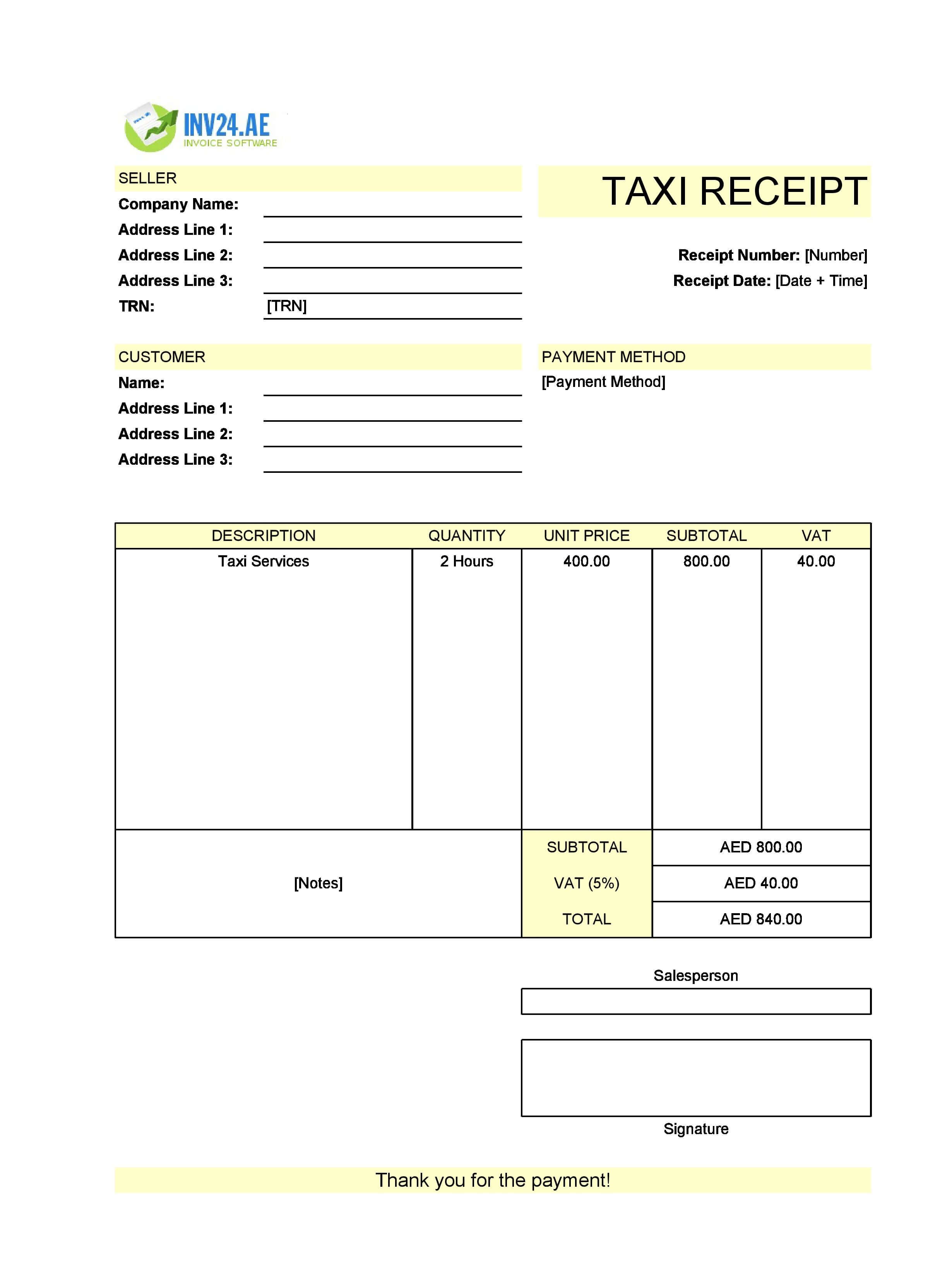 Taxi Receipt Template for UAE (Excel / Google Sheets)