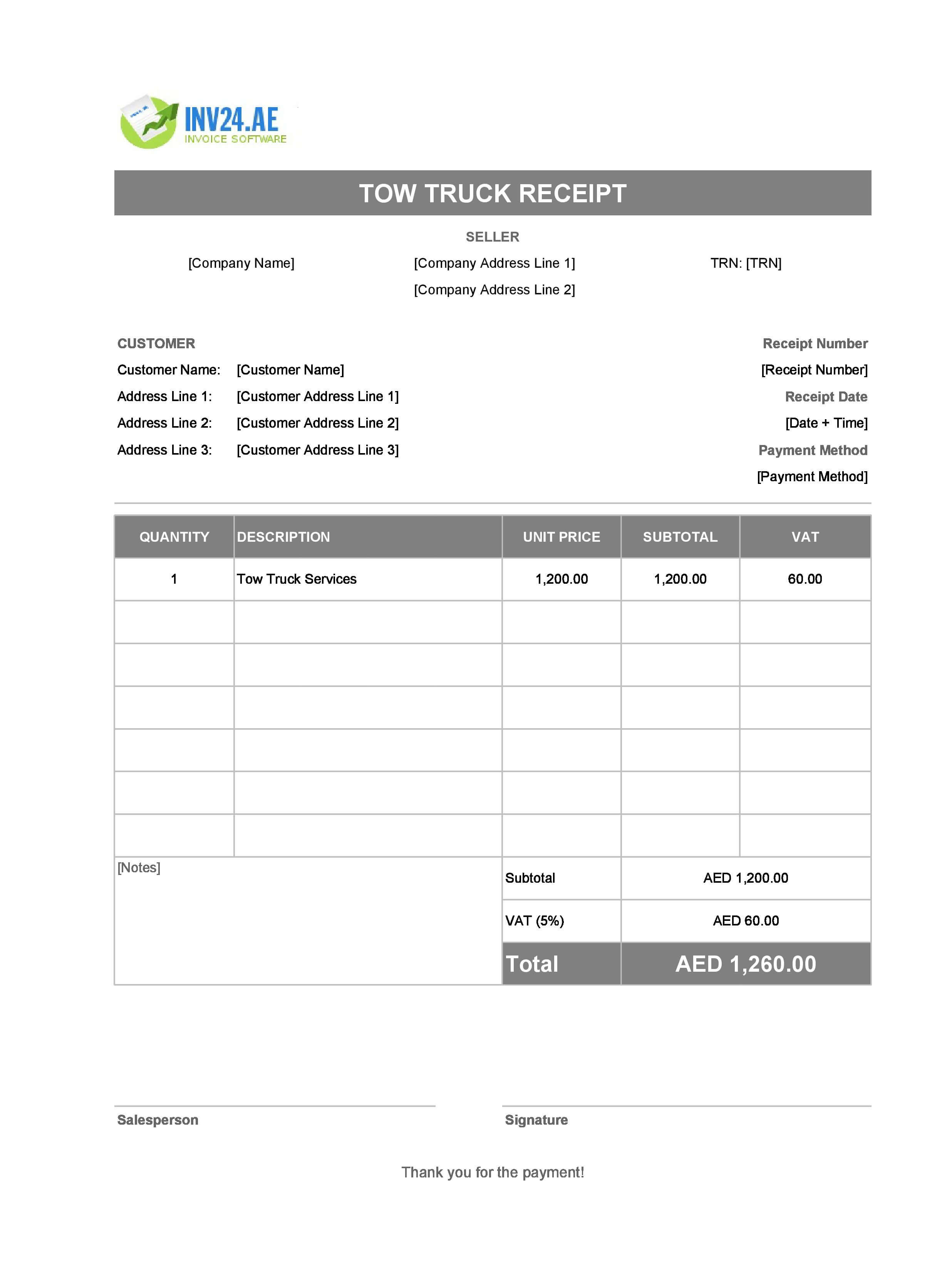 Tow Truck Receipt Template for UAE (Excel / Google Sheets)
