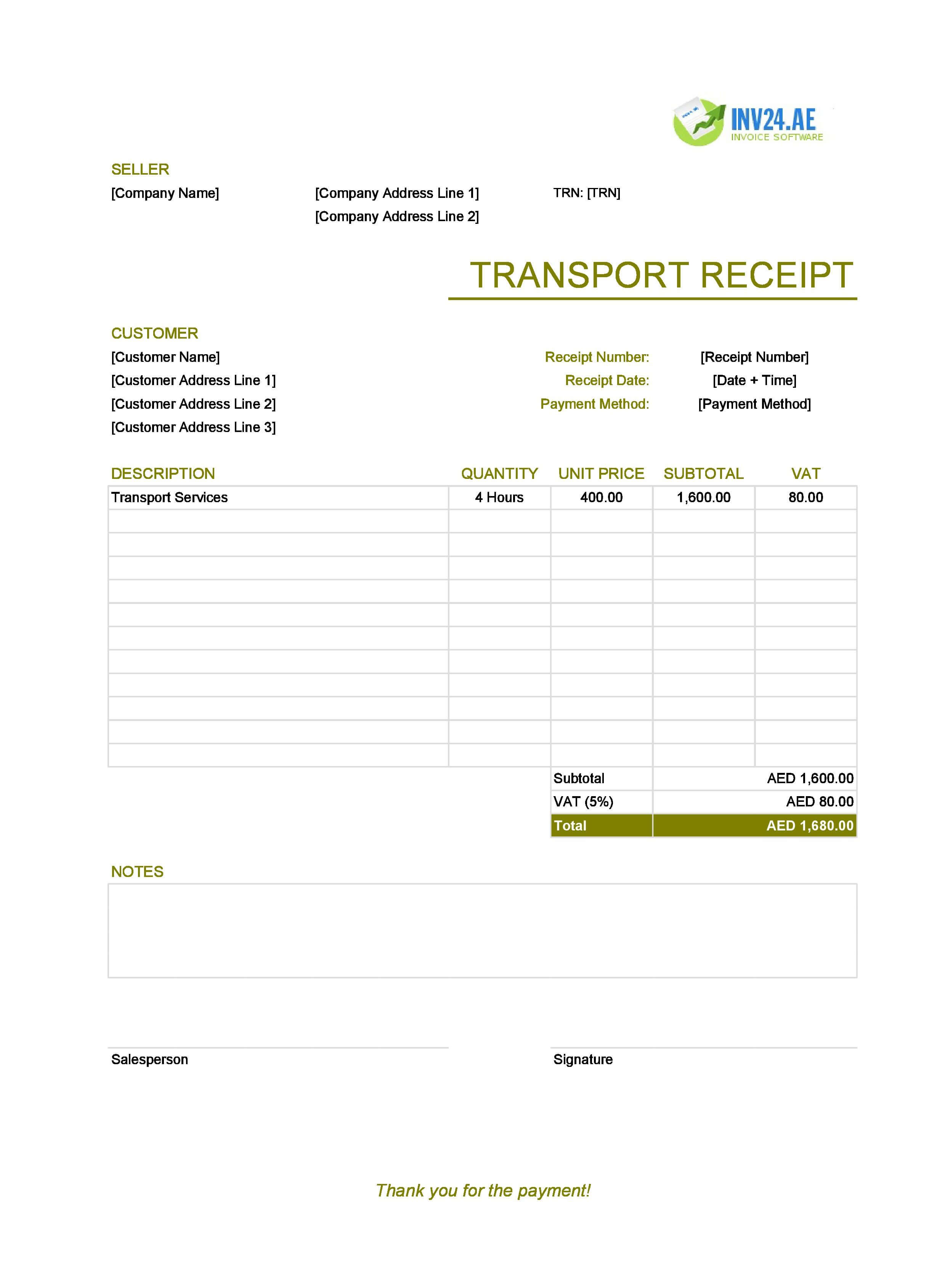Transport Receipt Template for UAE (Excel / Google Sheets)