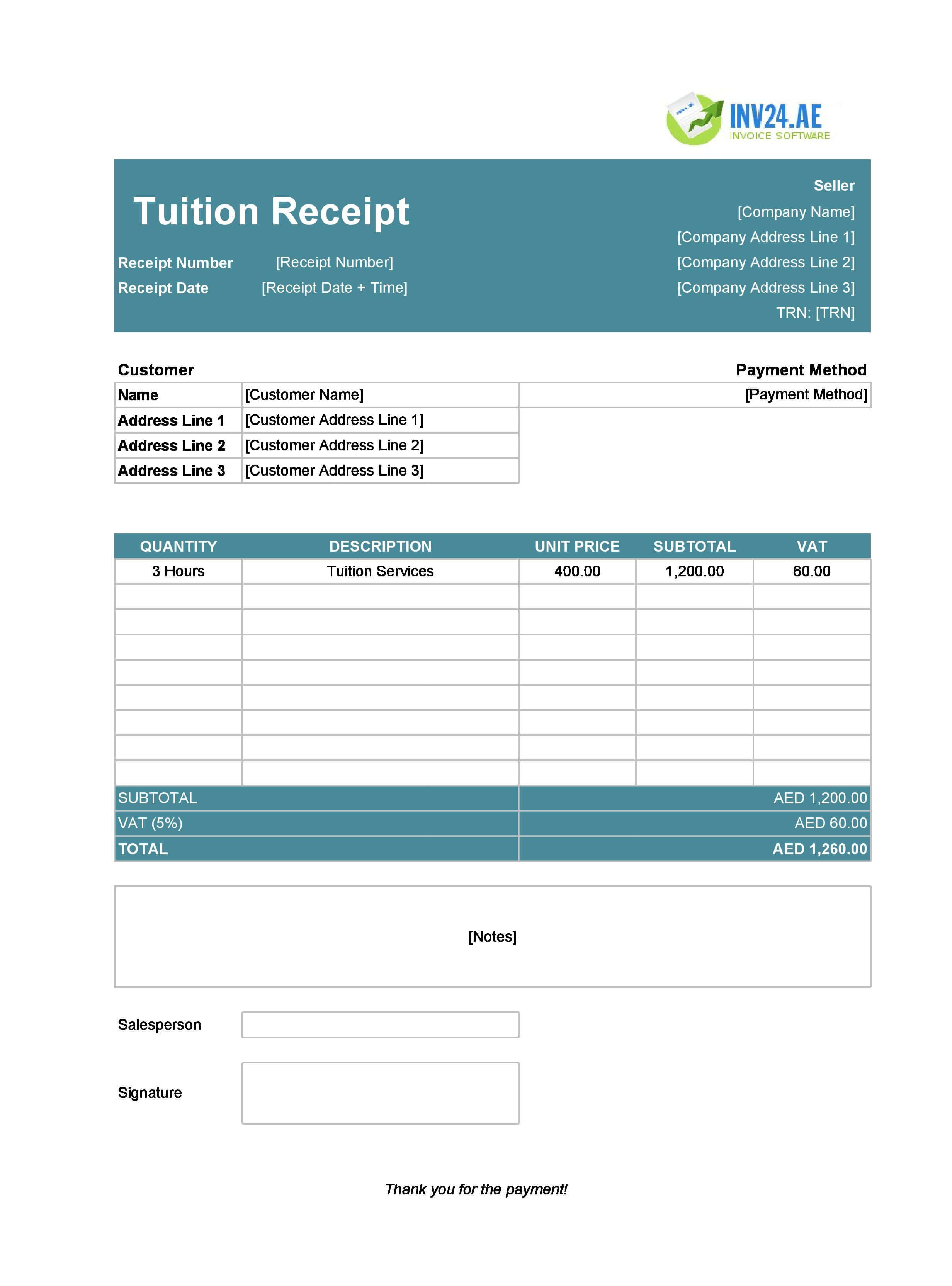 Tuition Receipt Template for UAE (Excel / Google Sheets)