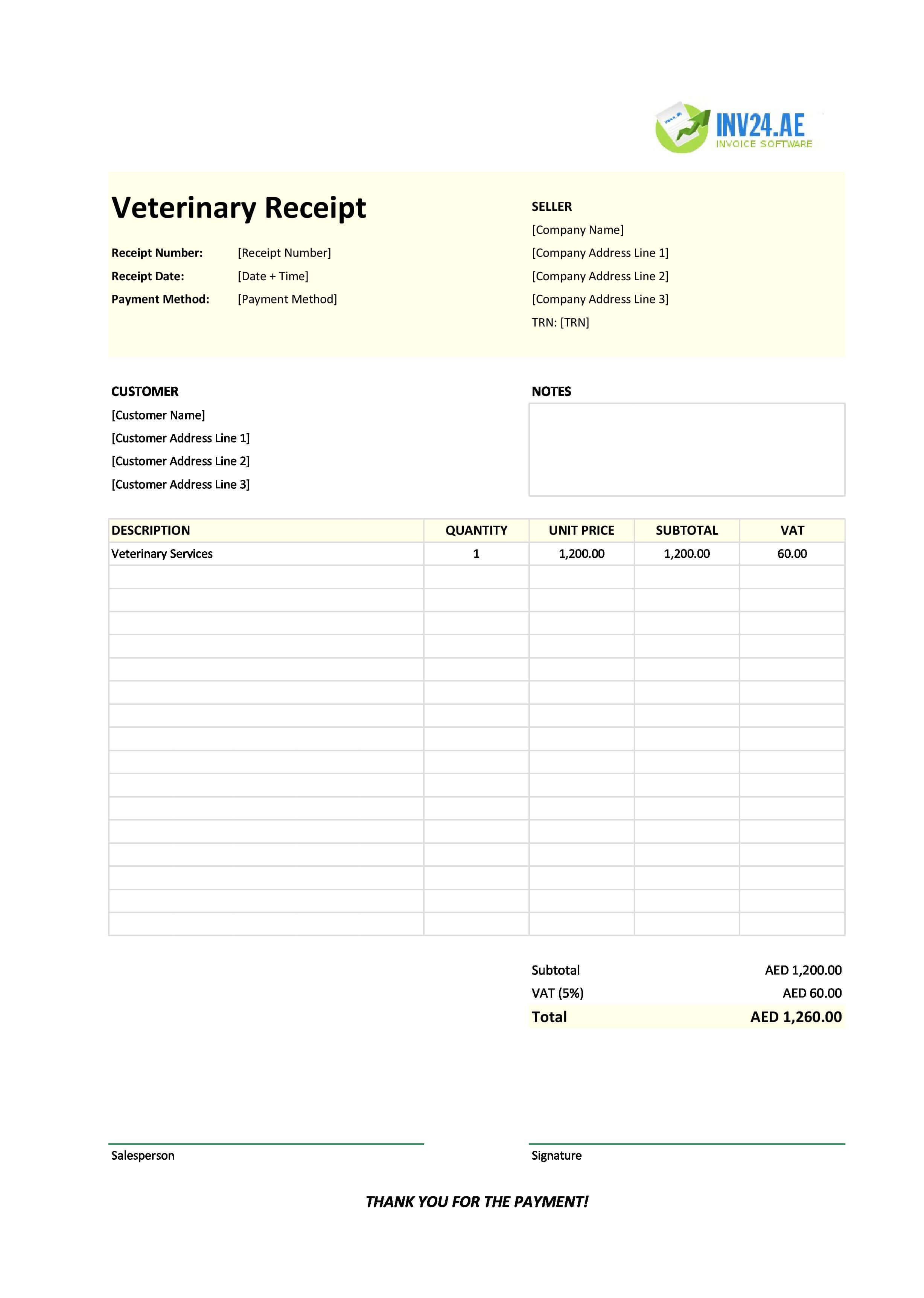 Veterinary Receipt Template for UAE (Excel / Google Sheets)