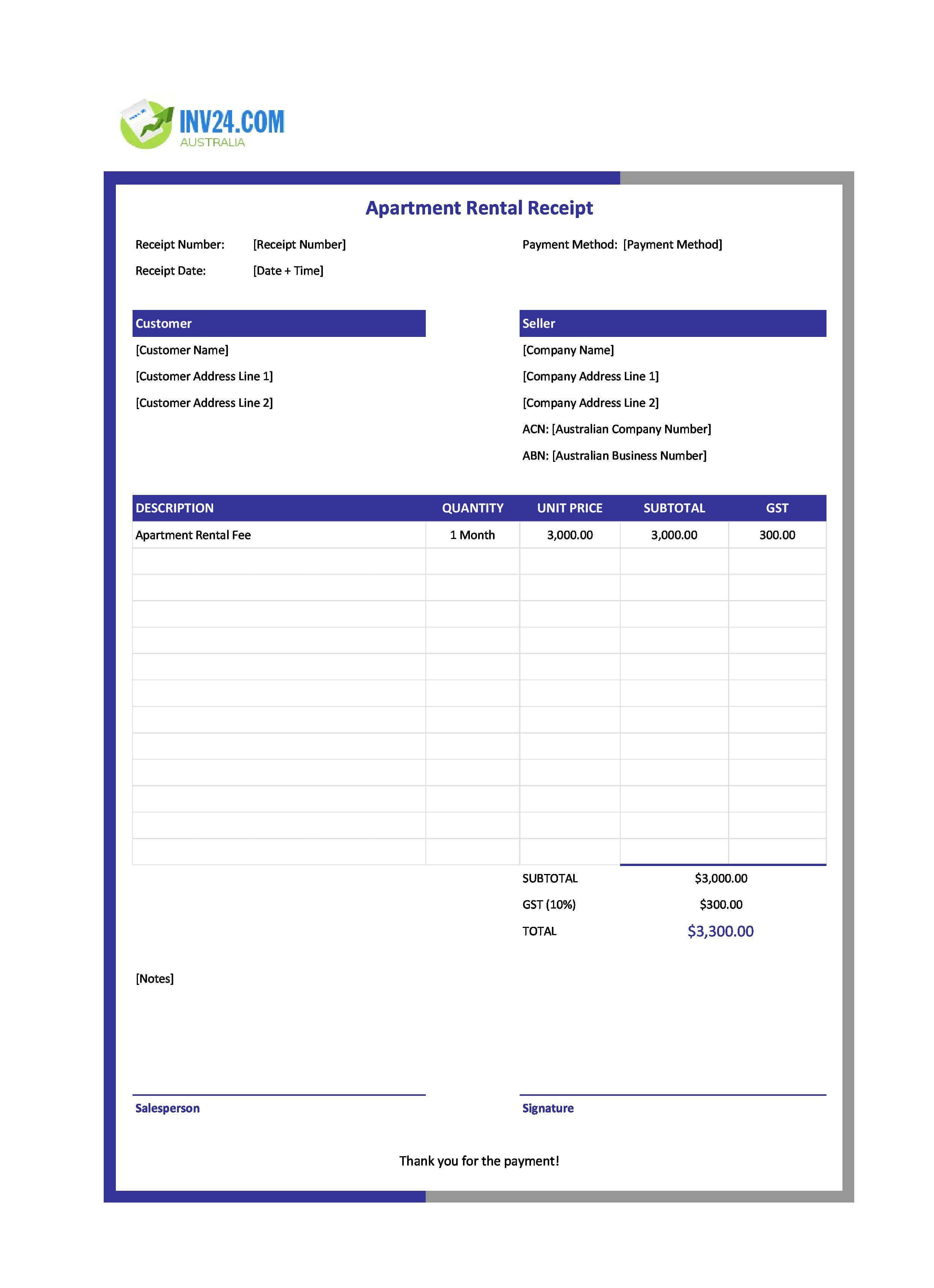 Apartment Rental Receipt Template for Australia (Excel / Google Sheets)