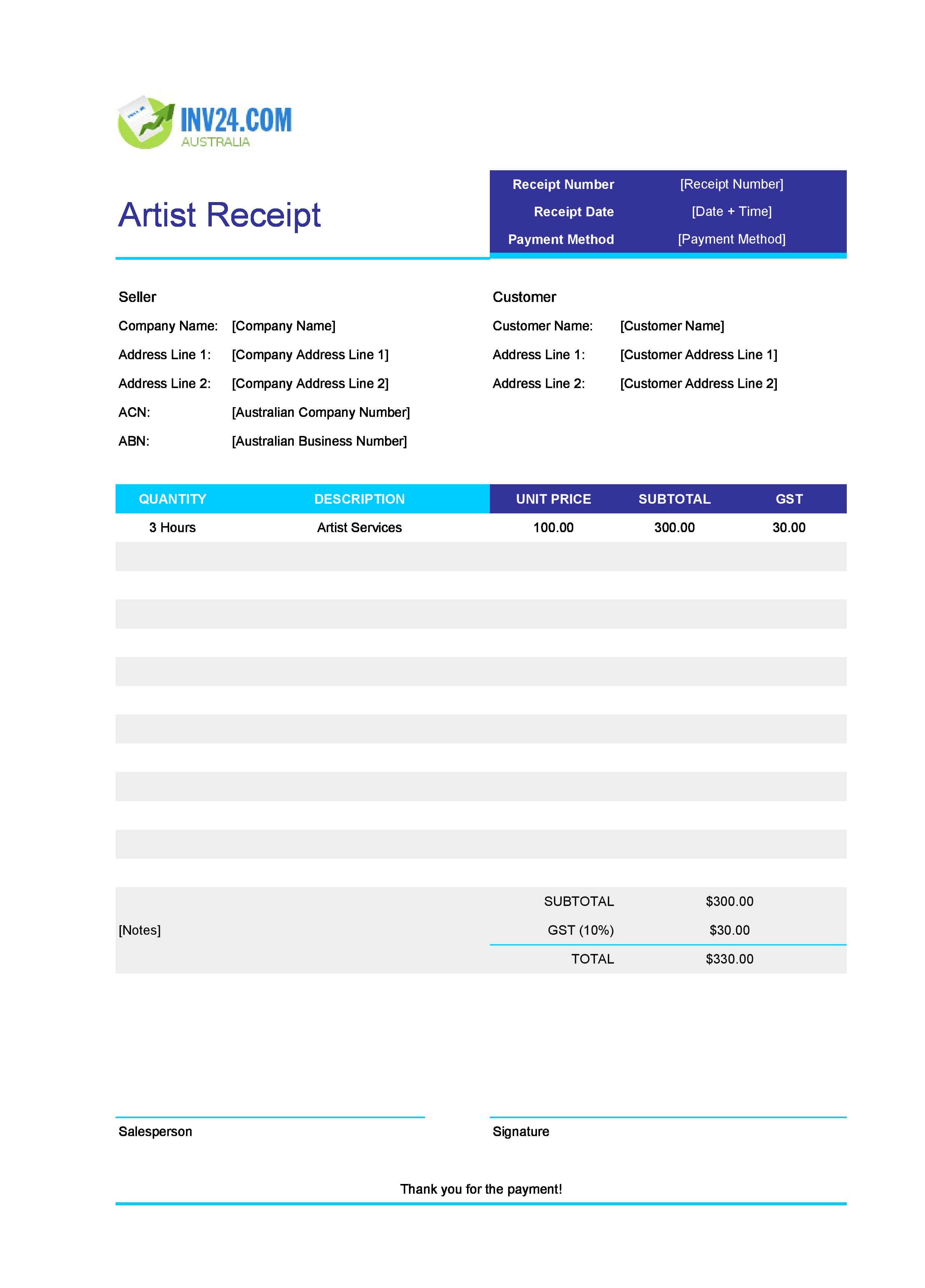 Artist Receipt Template for Australia (Excel / Google Sheets)