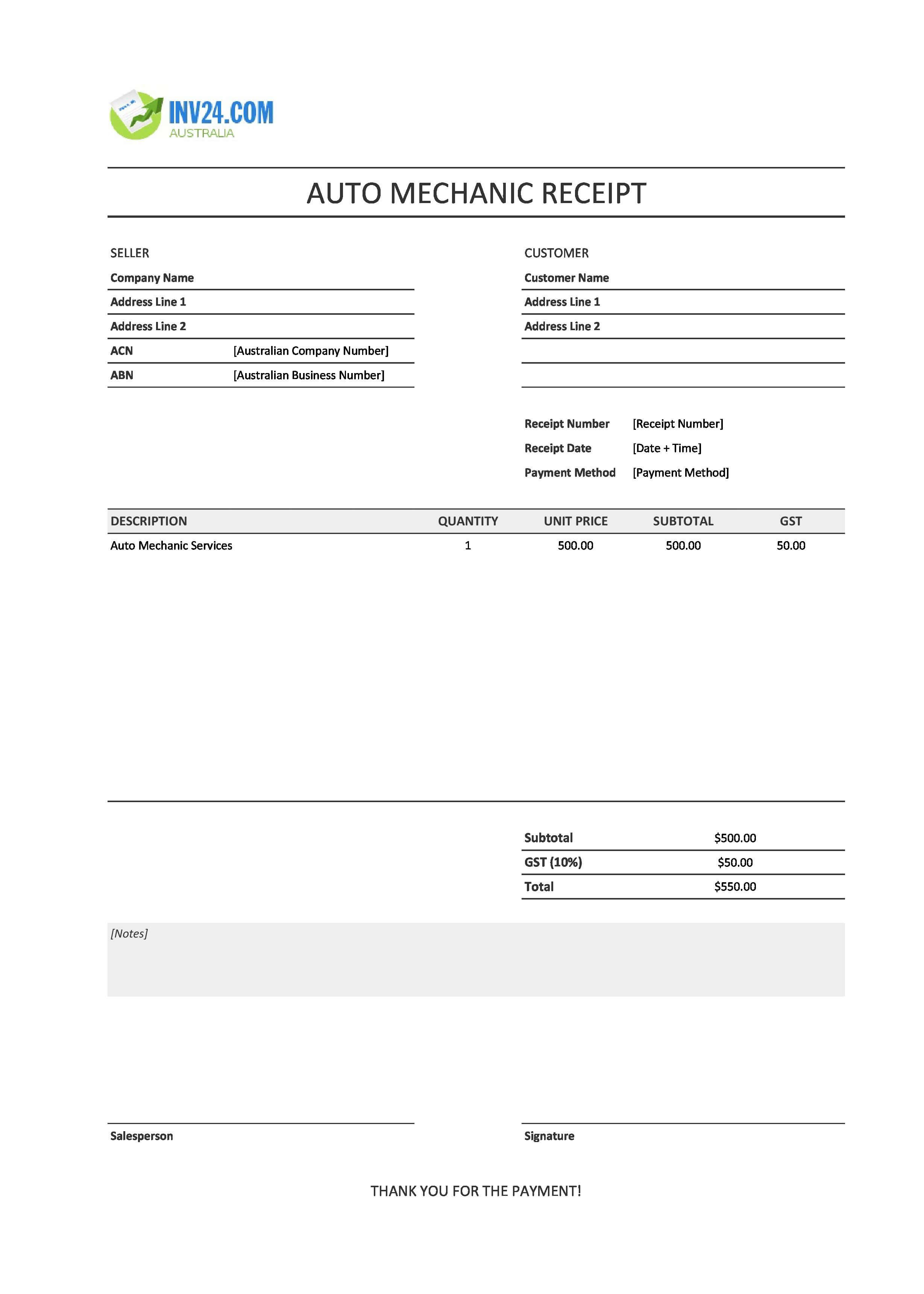 Auto Mechanic Receipt Template for Australia (Excel / Google Sheets)