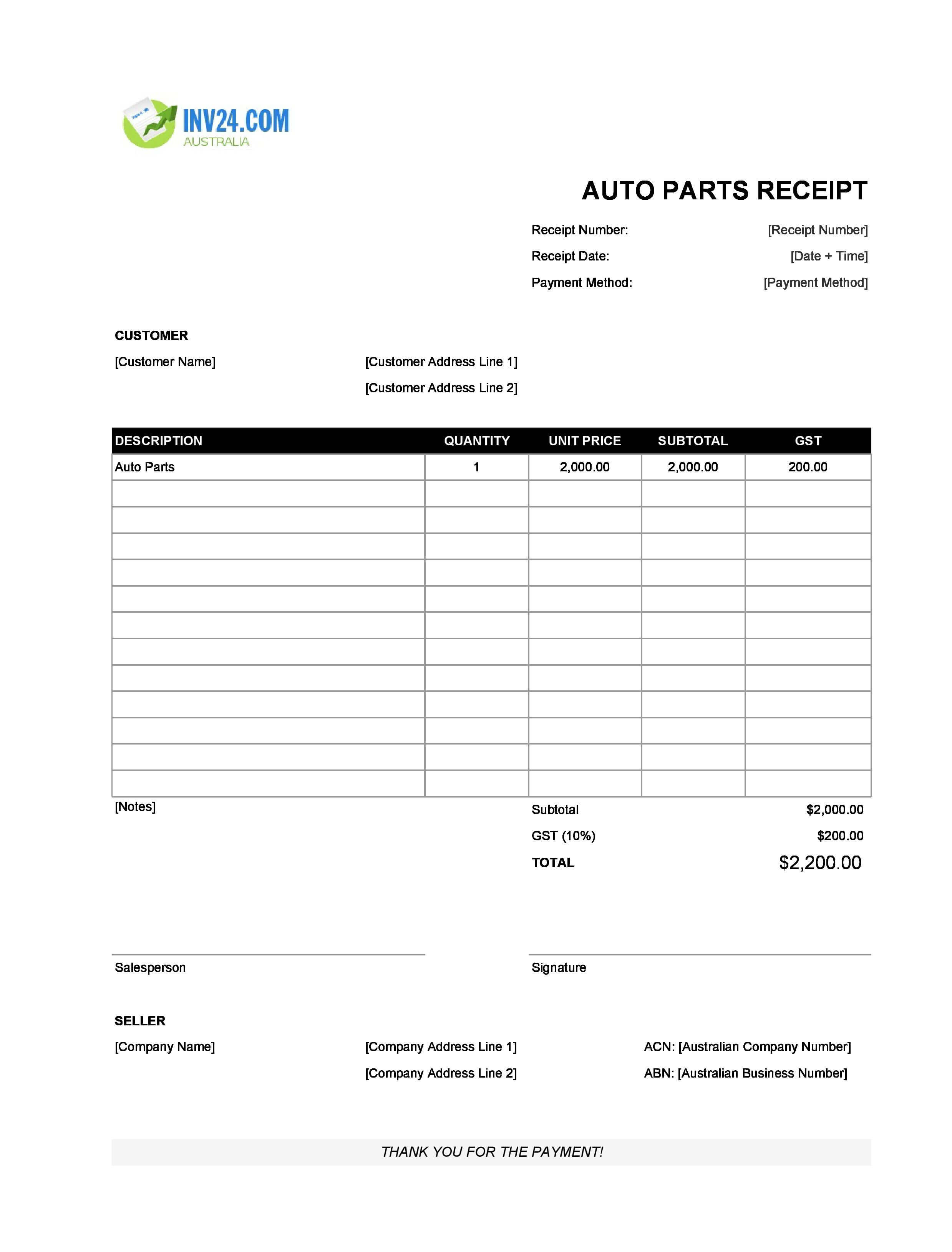 Auto Parts Receipt Template for Australia (Excel / Google Sheets)