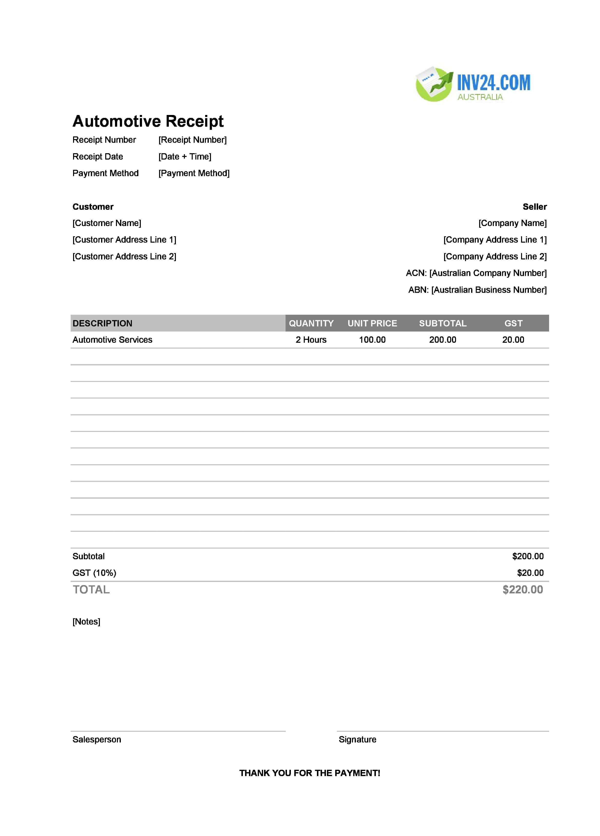 Automotive Receipt Template for Australia (Excel / Google Sheets)