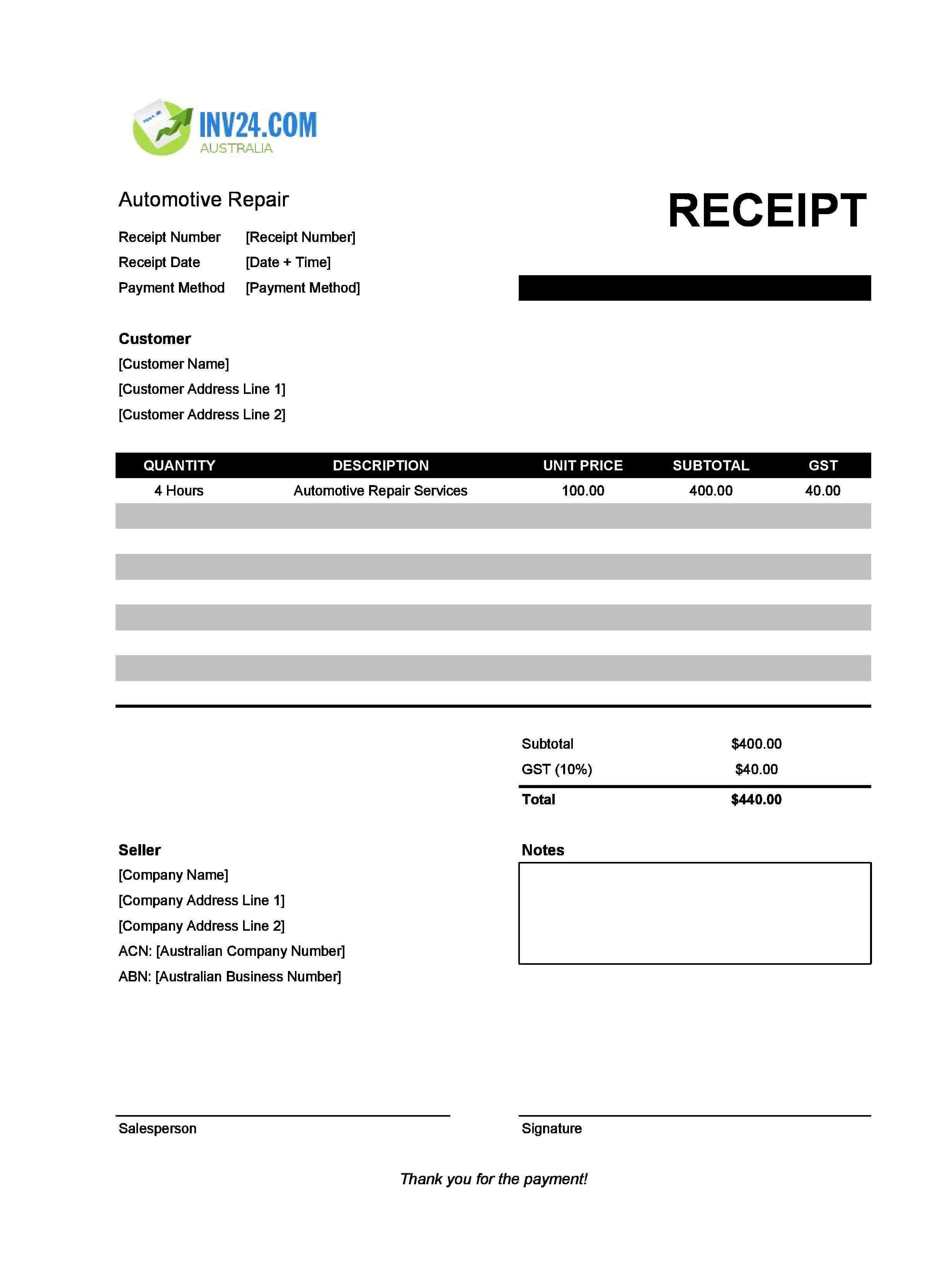 Automotive Repair Receipt Template for Australia (Excel / Google Sheets)