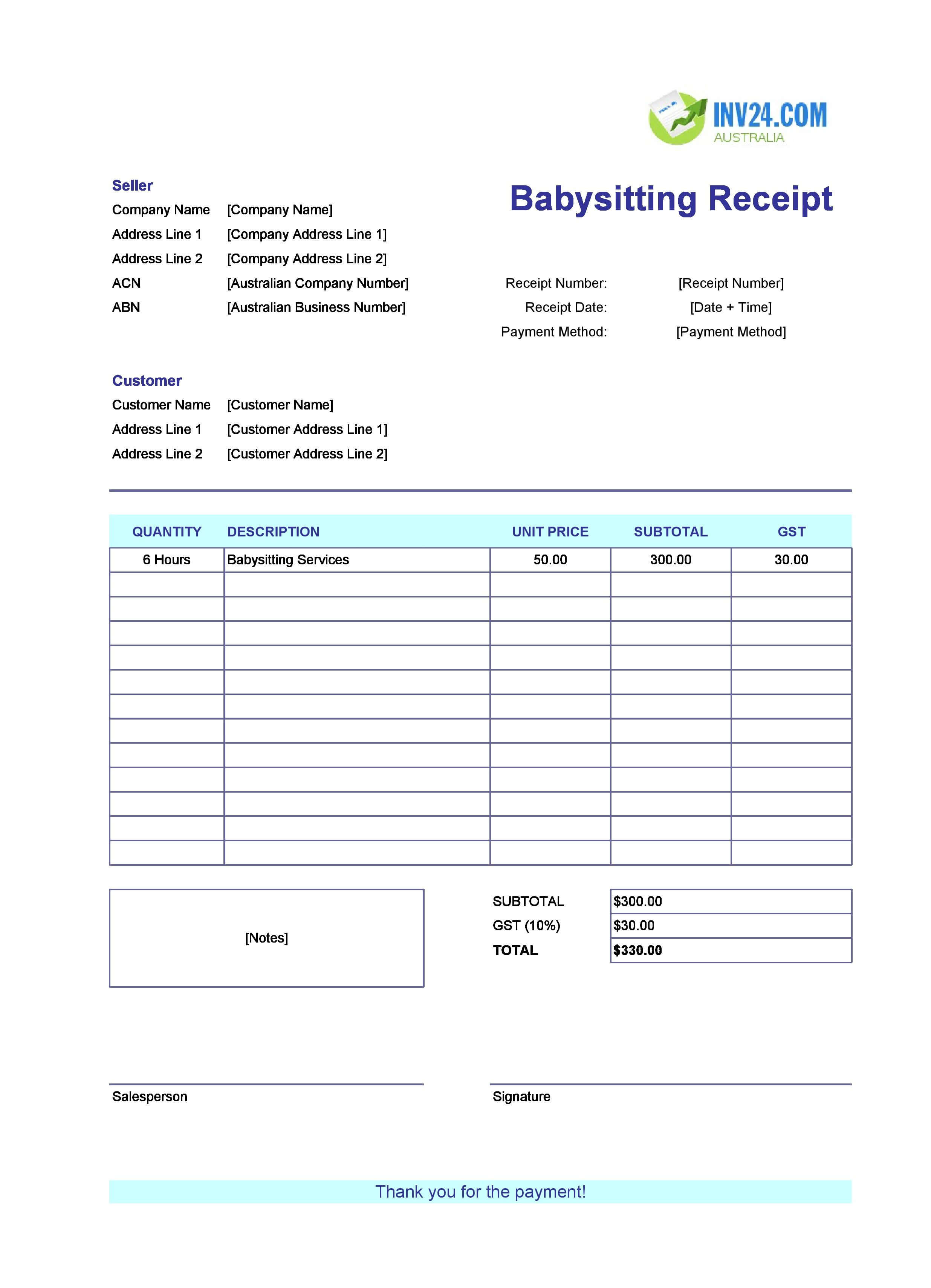 Babysitting Receipt Template for Australia (Excel / Google Sheets)