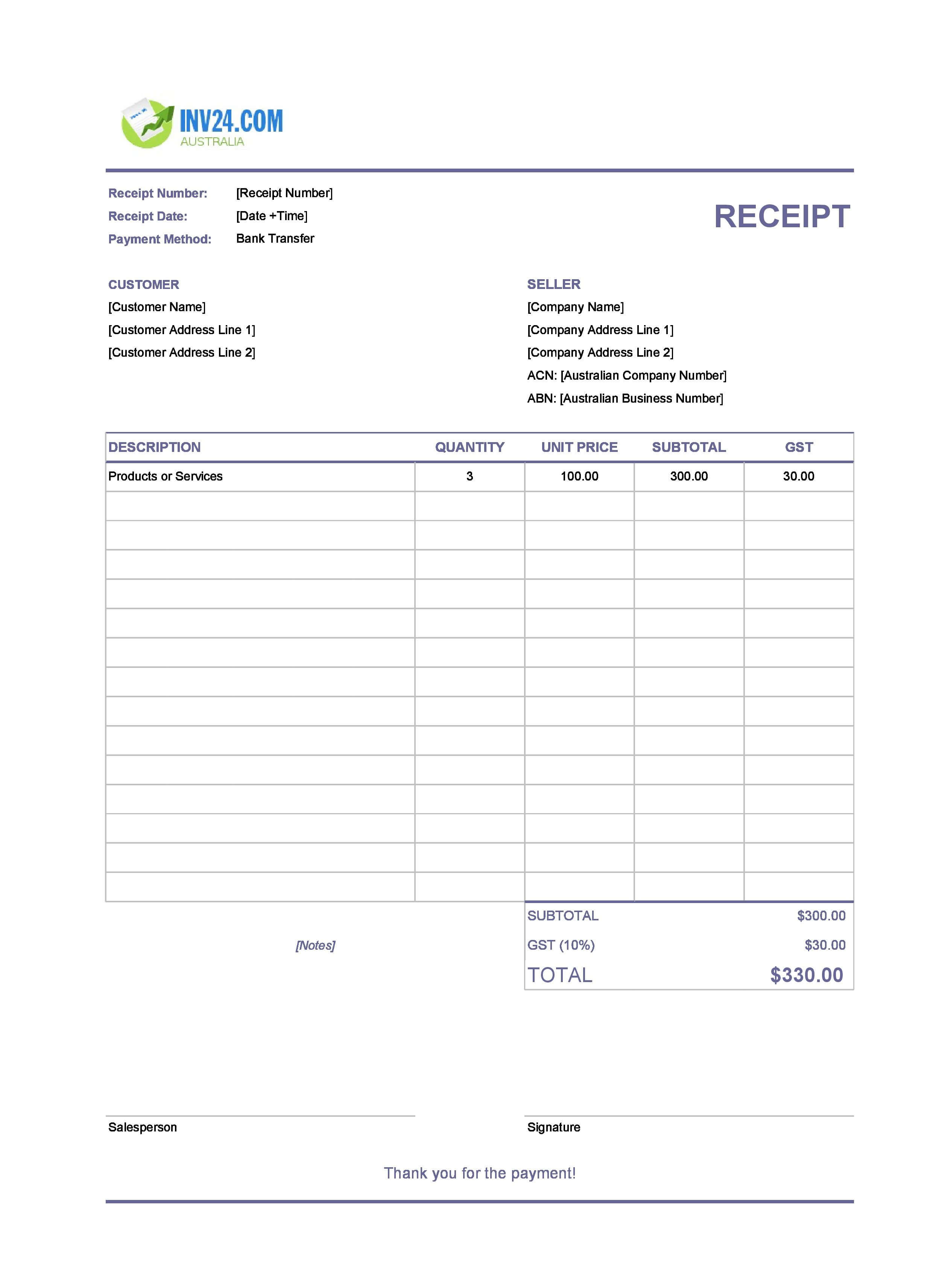 Bank Transfer Receipt Template for Australia (Excel / Google Sheets)