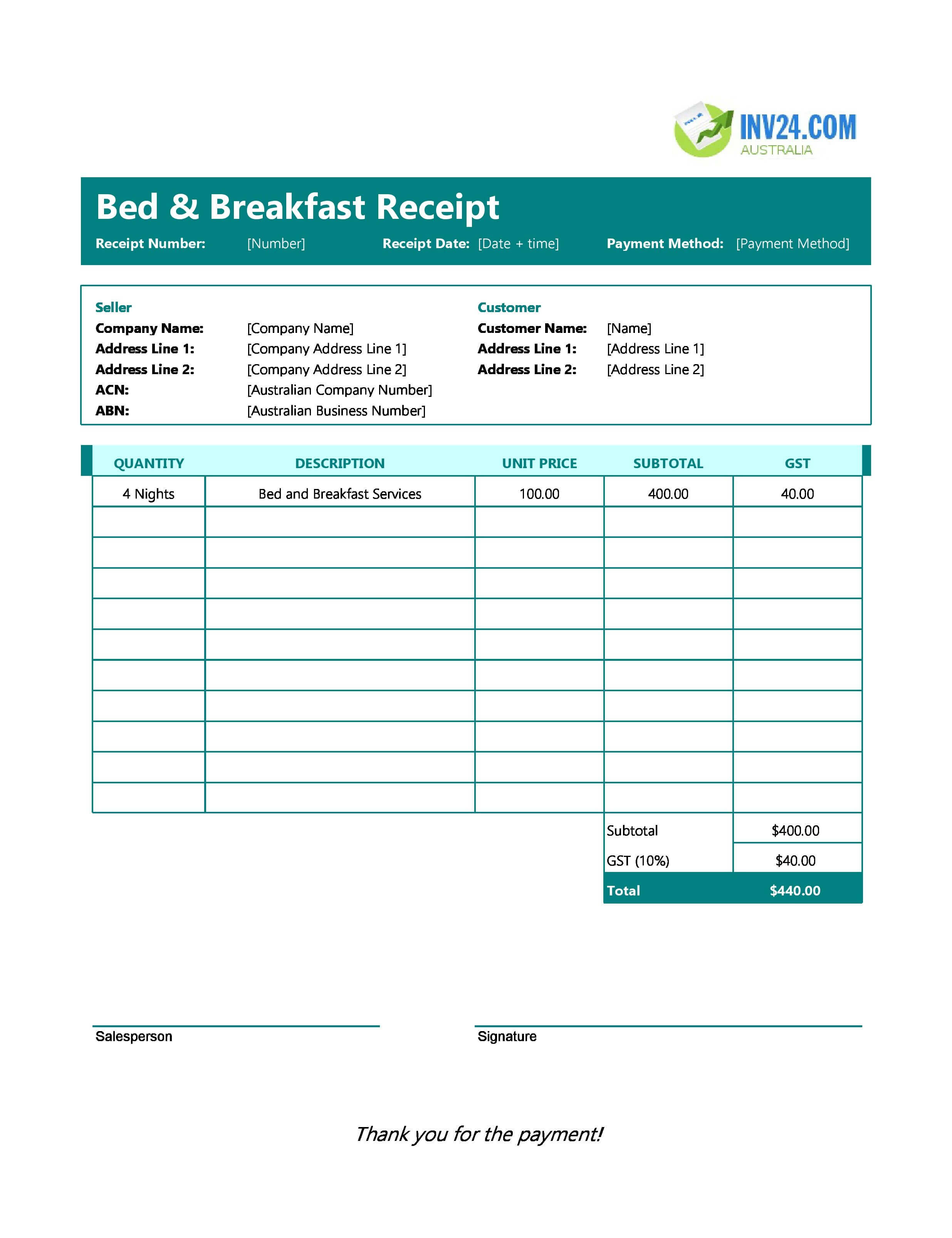 Bed And Breakfast Receipt Template for Australia (Excel / Google Sheets)
