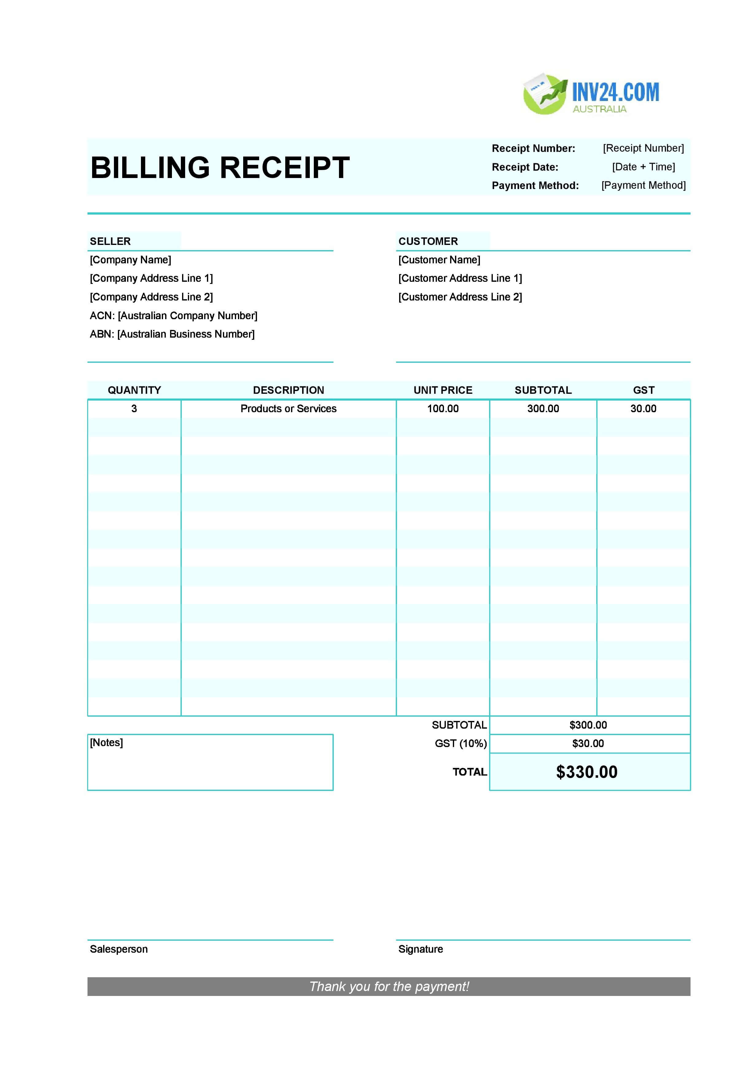 Billing Receipt Template for Australia (Excel / Google Sheets)