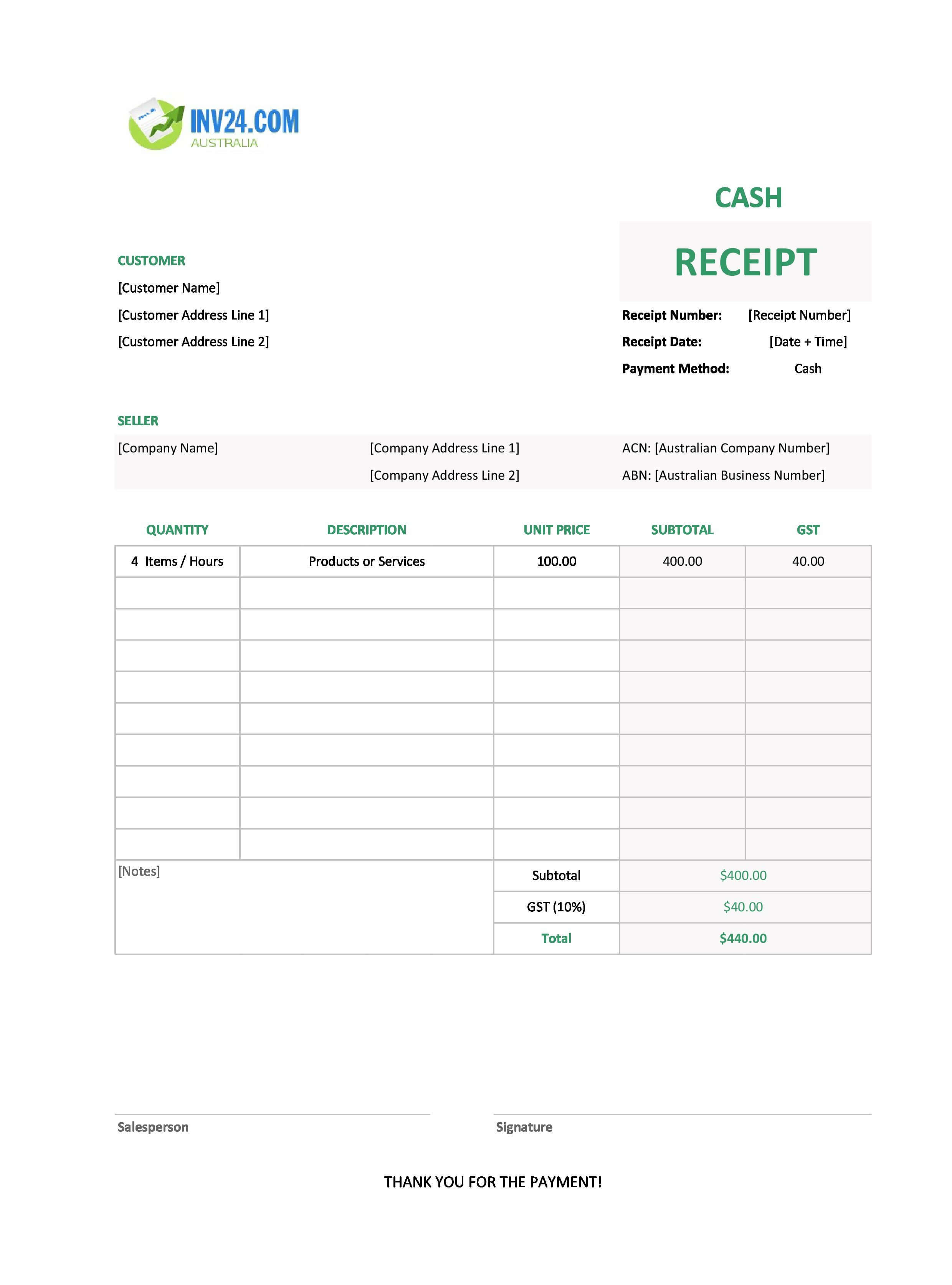 Blank Cash Receipt Template for Australia (Excel / Google Sheets)