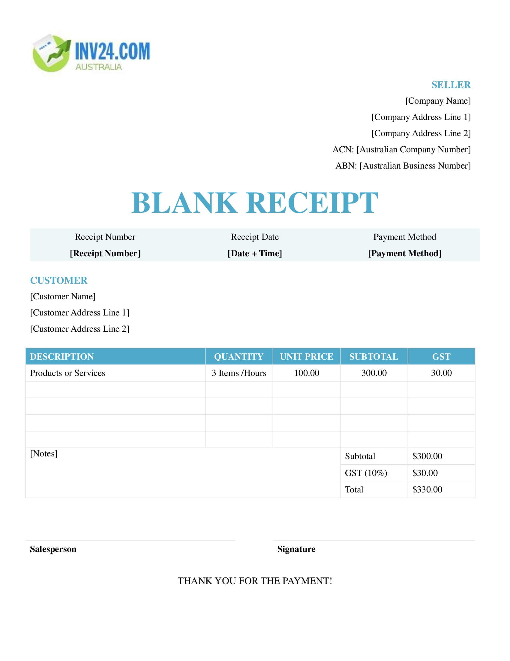 Blank Receipt Template for Australia (Word / Google Docs)