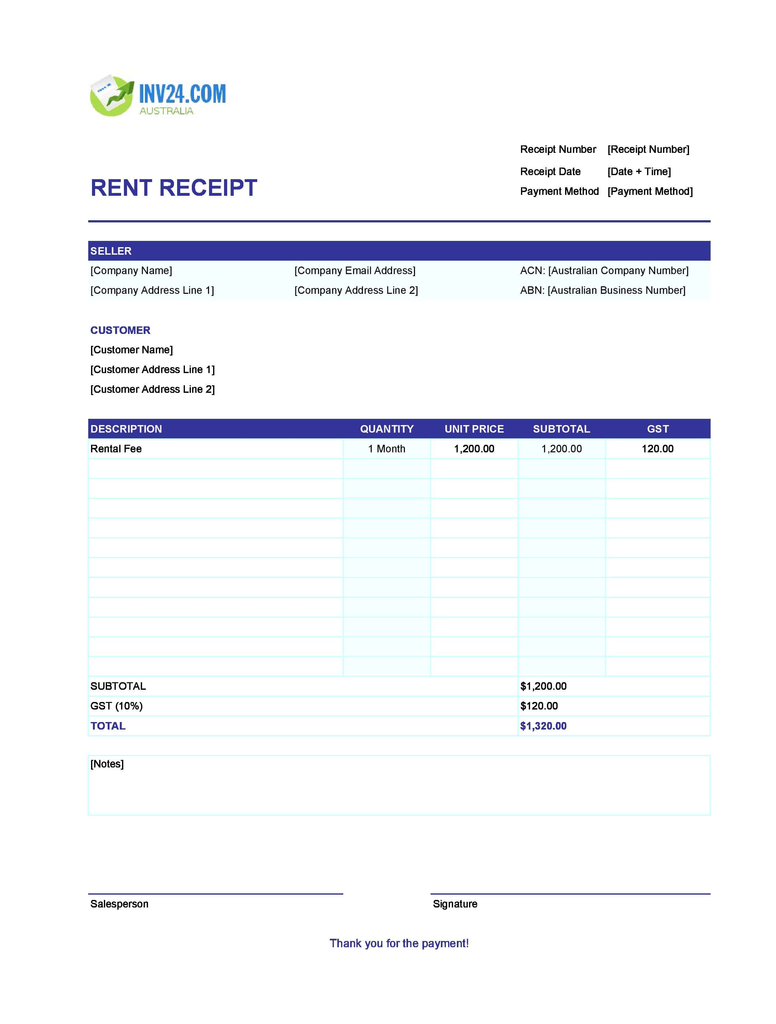 Blank Rent Receipt Template for Australia (Excel / Google Sheets)
