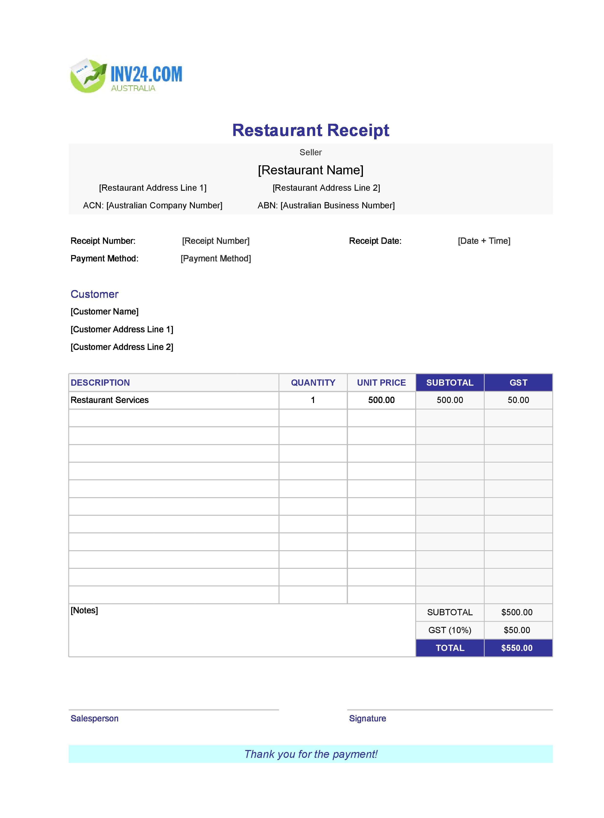 Blank Restaurant Receipt Template for Australia (Excel / Google Sheets)