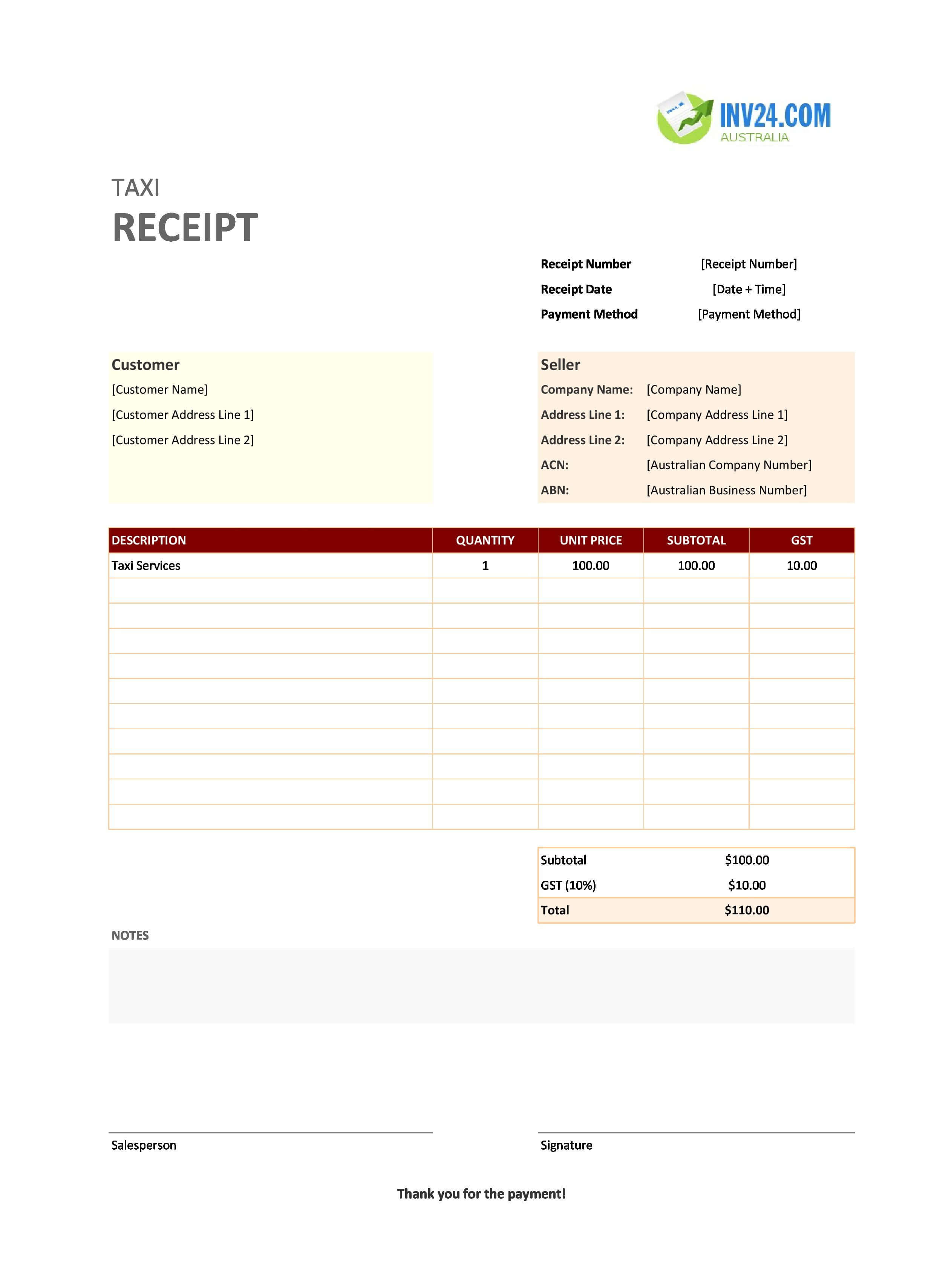 Blank Taxi Receipt Template for Australia (Excel / Google Sheets)