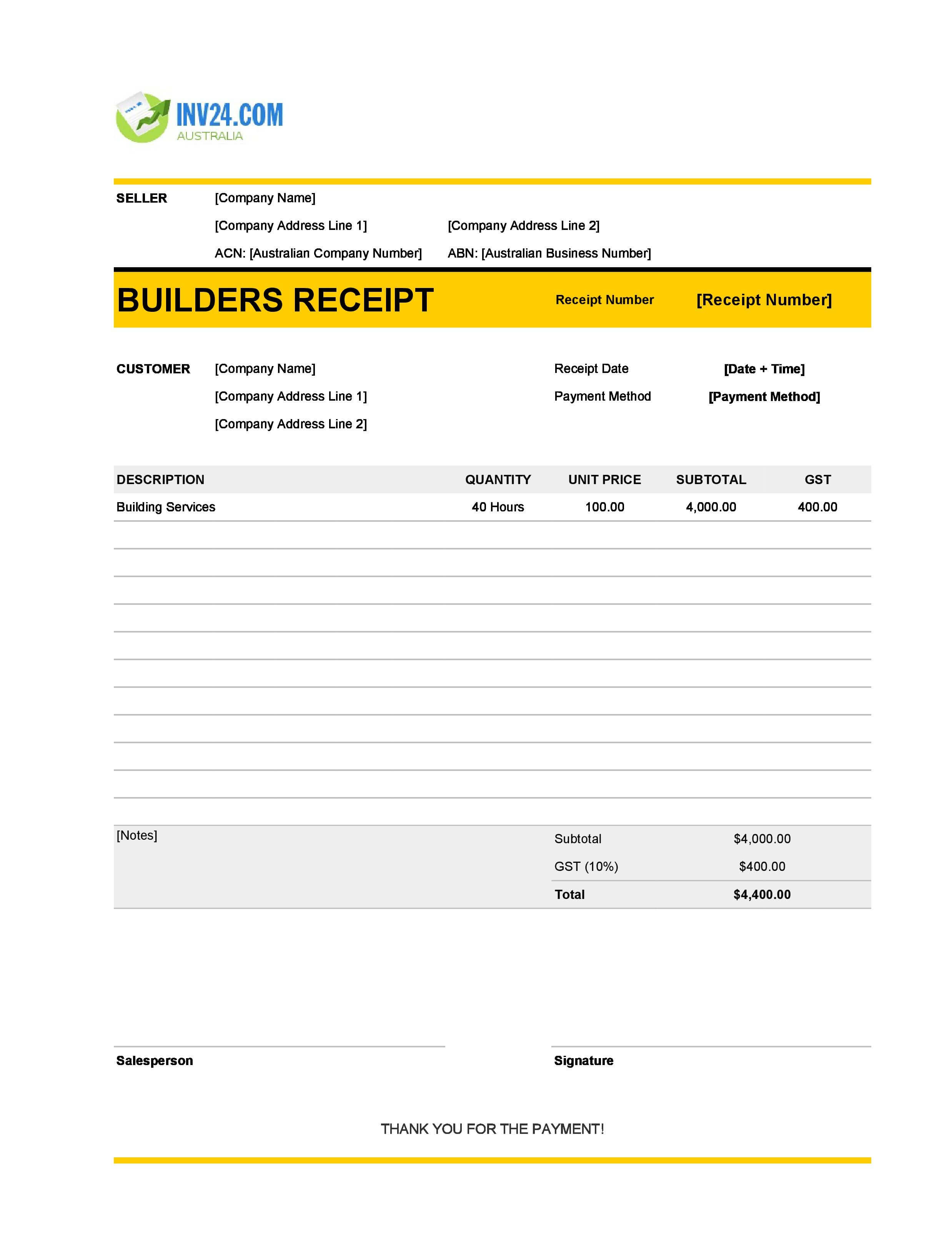 Builders Receipt Template for Australia (Excel / Google Sheets)