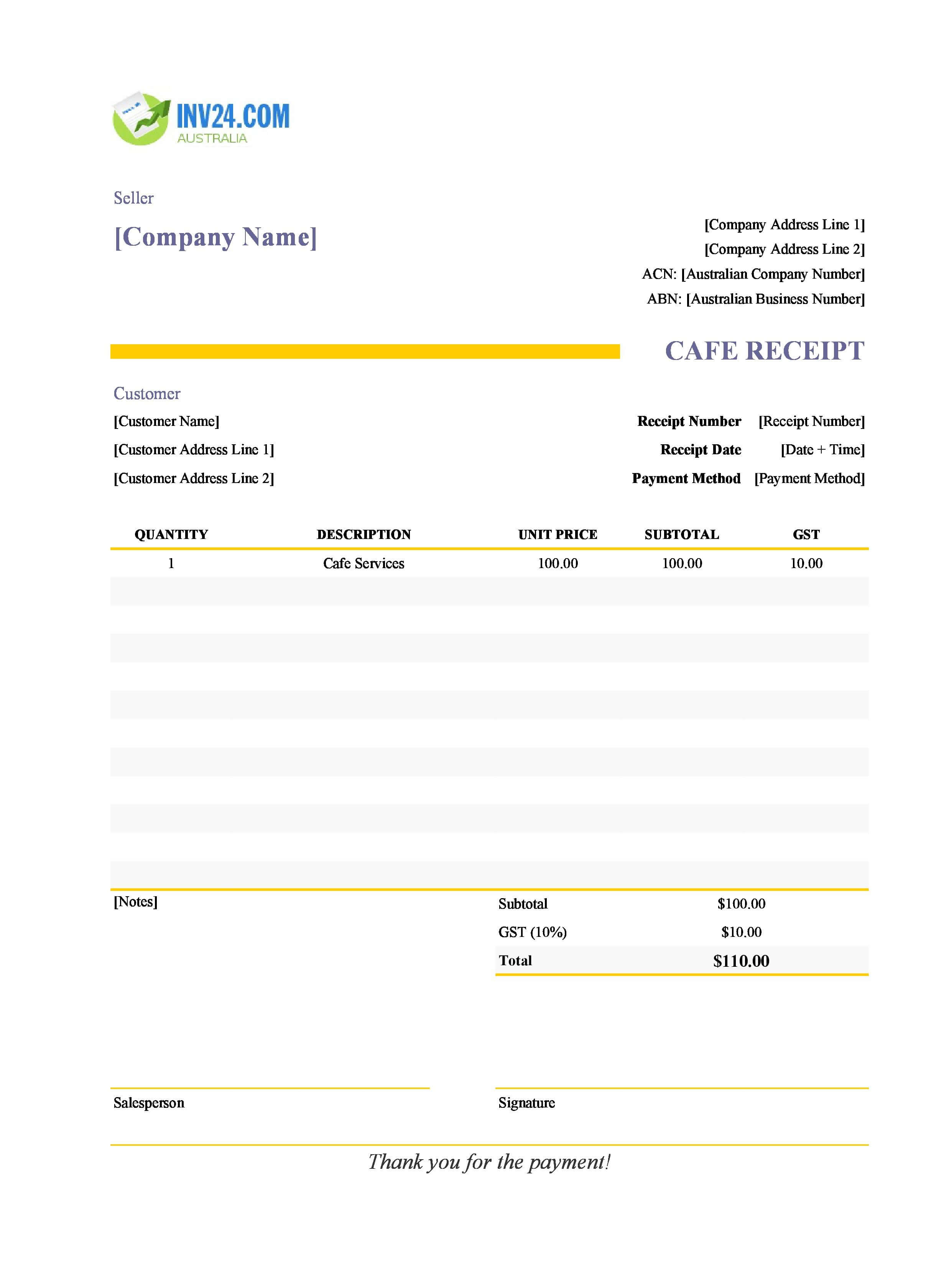 Cafe Receipt Template for Australia (Excel / Google Sheets)