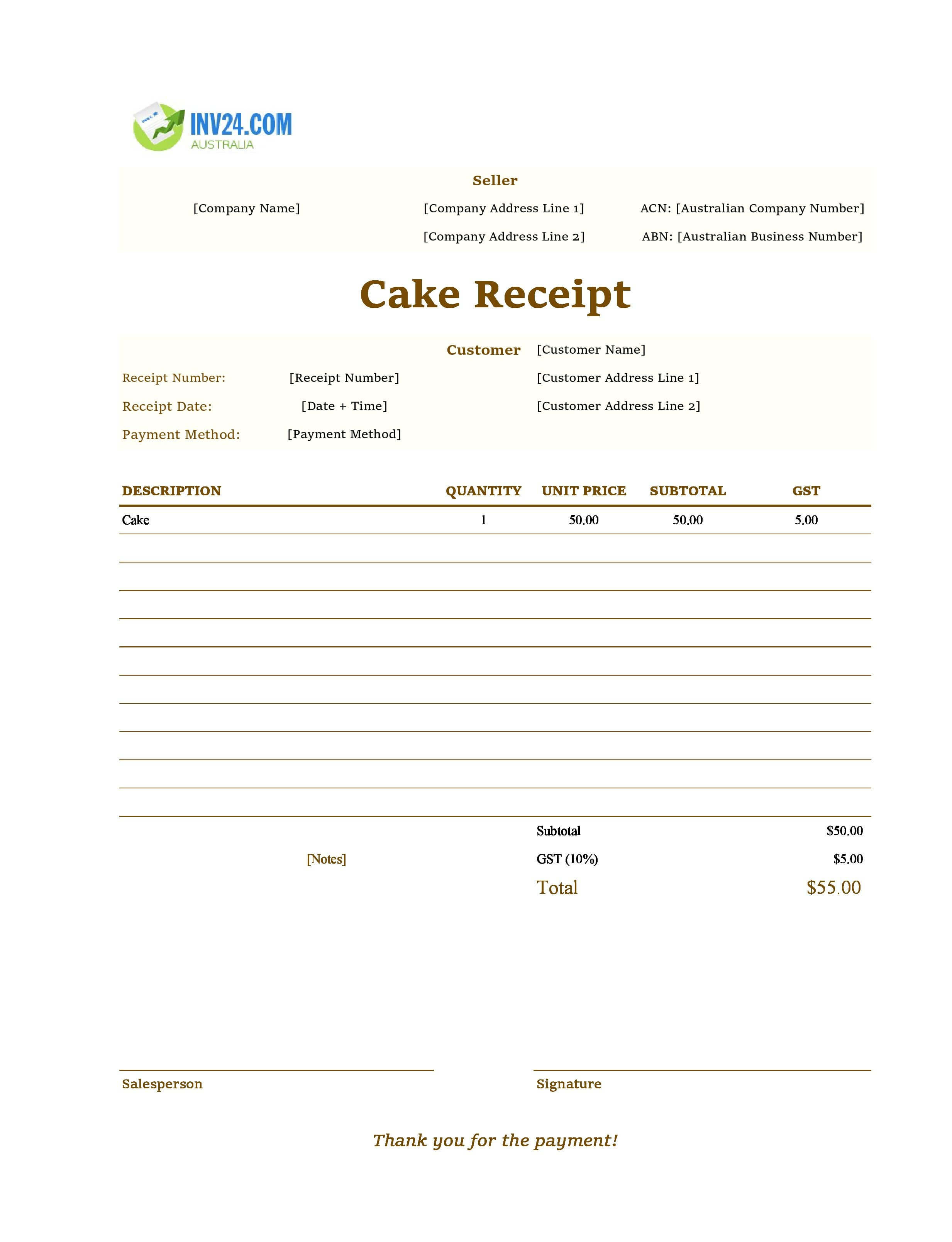 Cake Receipt Template for Australia (Excel / Google Sheets)