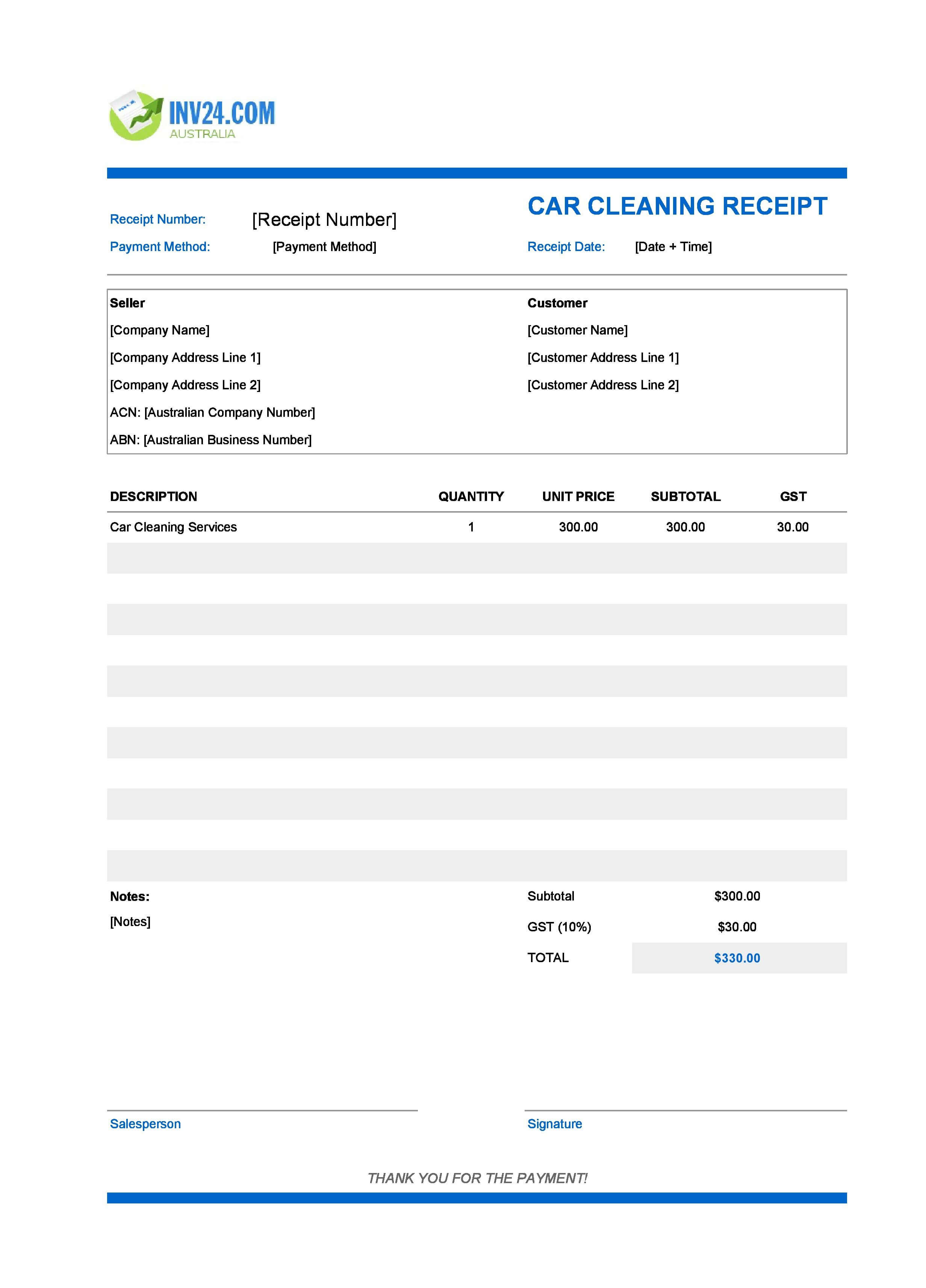 Car Cleaning Receipt Template for Australia (Excel / Google Sheets)