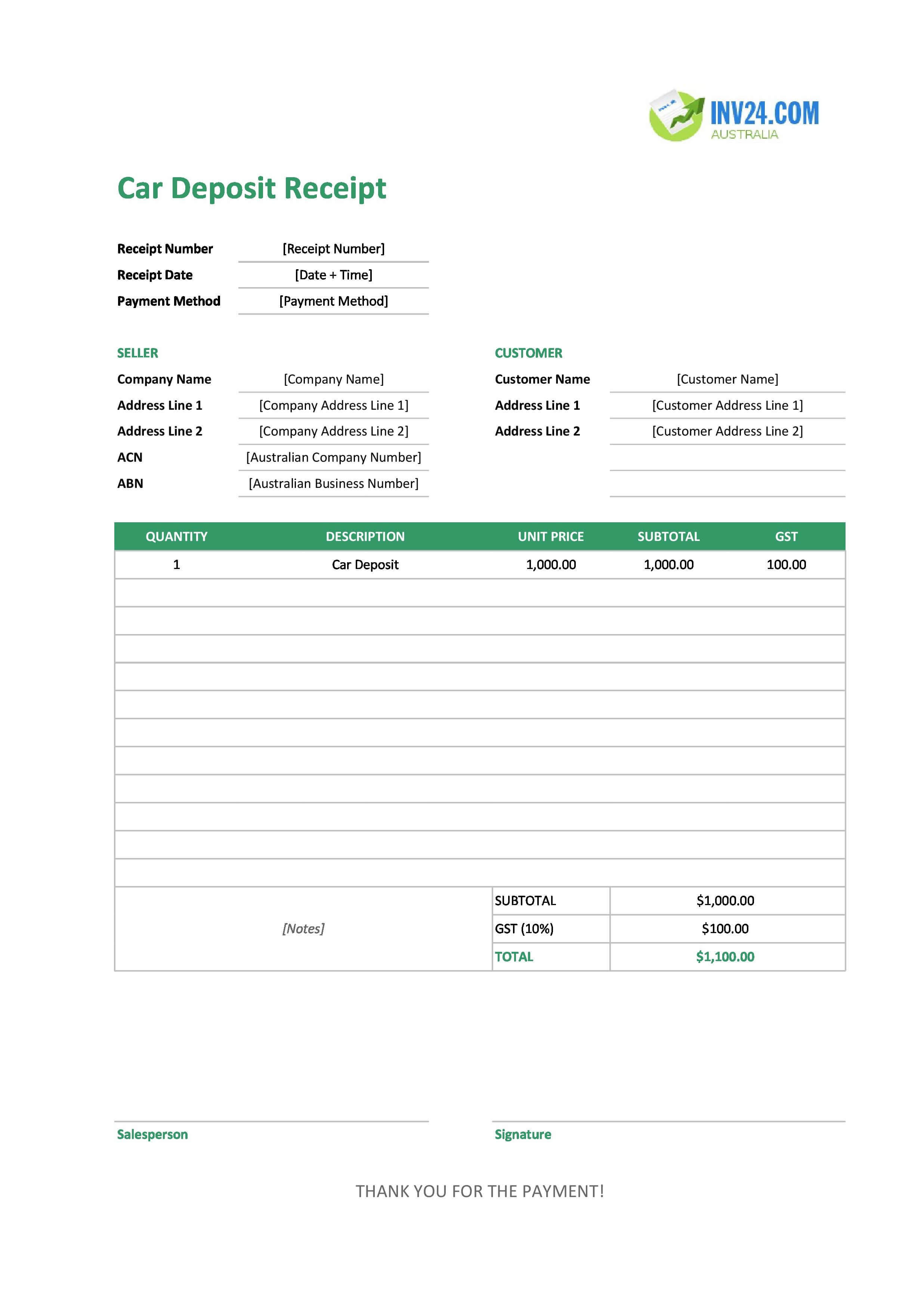 Car Deposit Receipt Template for Australia (Excel / Google Sheets)