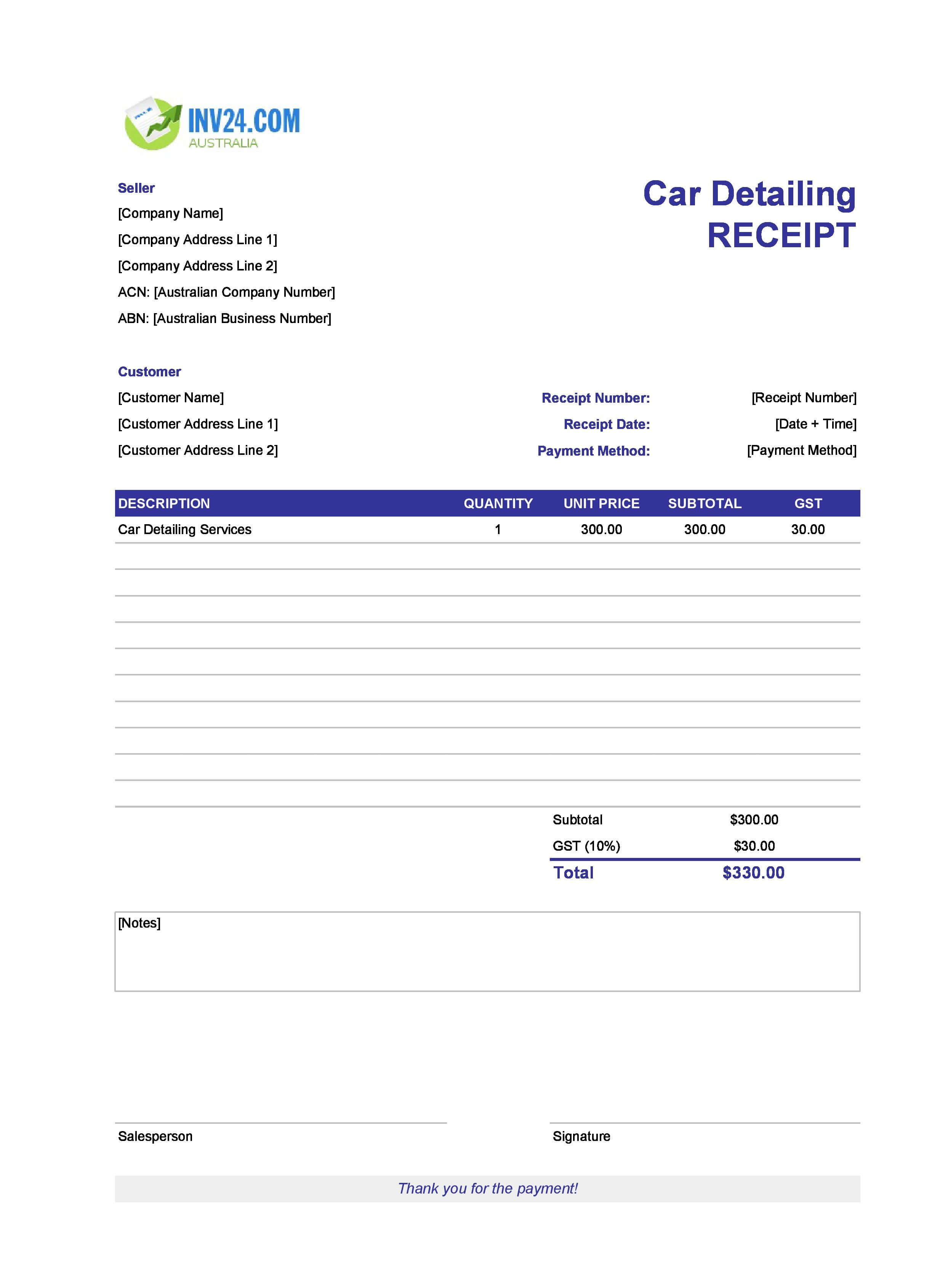 Car Detailing Receipt Template for Australia (Excel / Google Sheets)