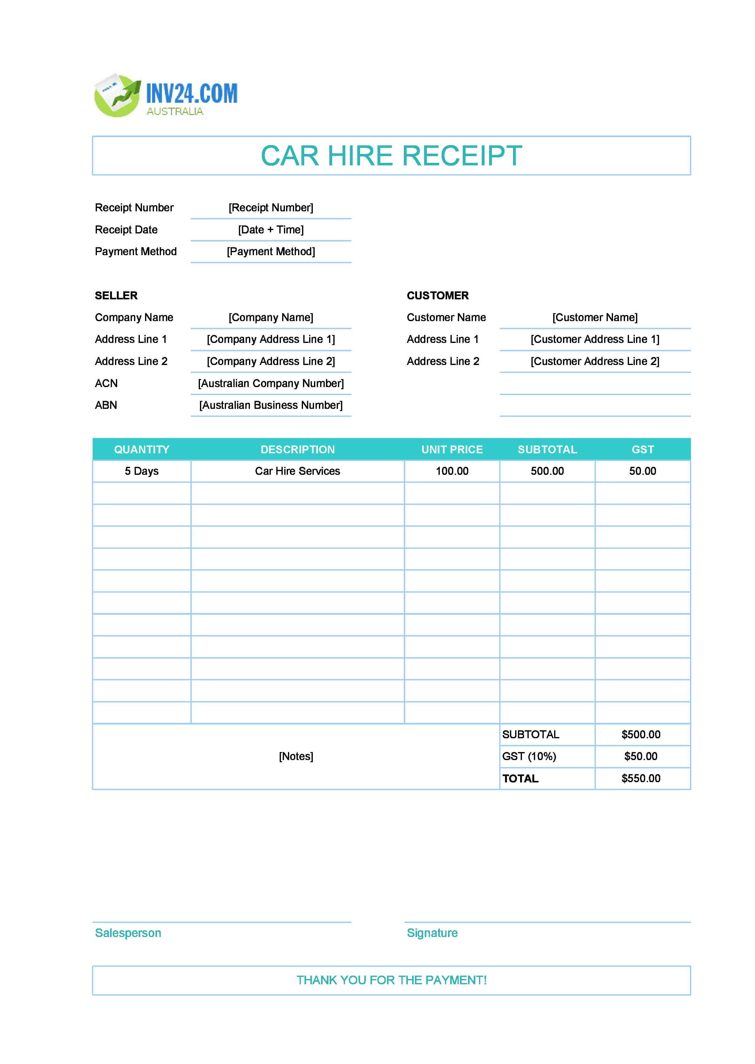 Car Hire Receipt Template for Australia (Excel / Google Sheets)