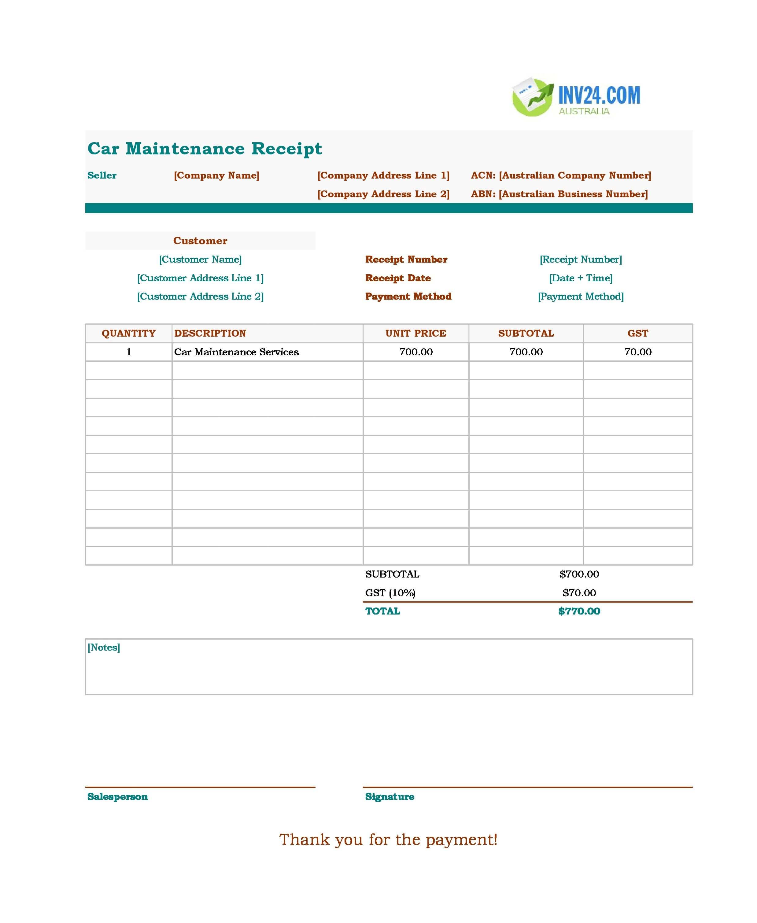 Car Maintenance Receipt Template for Australia (Excel / Google Sheets)