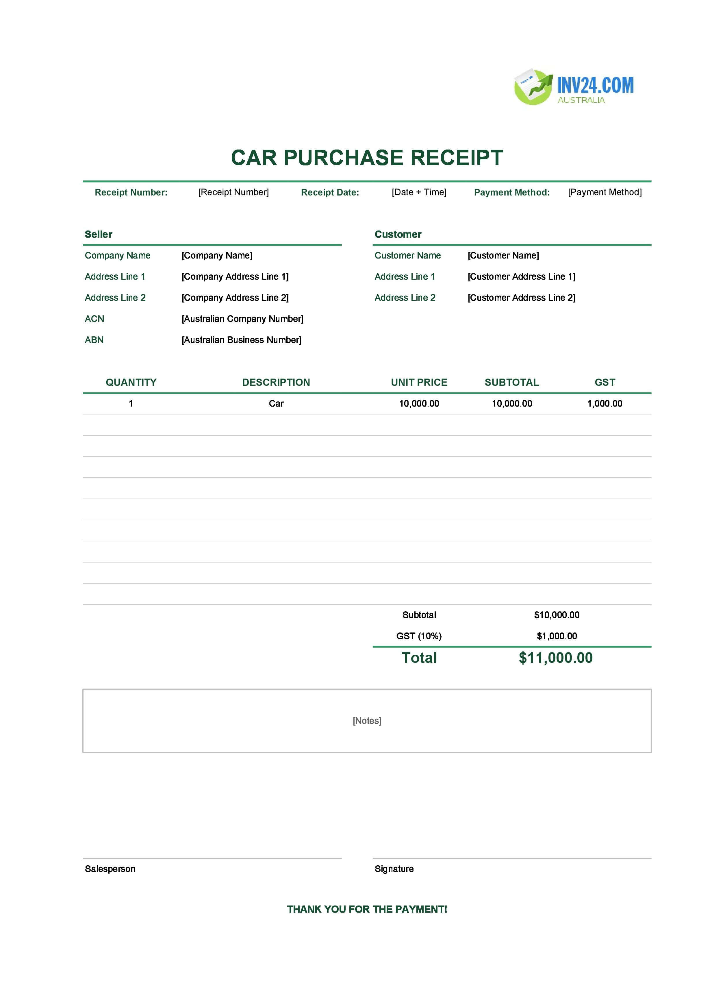 Car Purchase Receipt Template for Australia (Excel / Google Sheets)