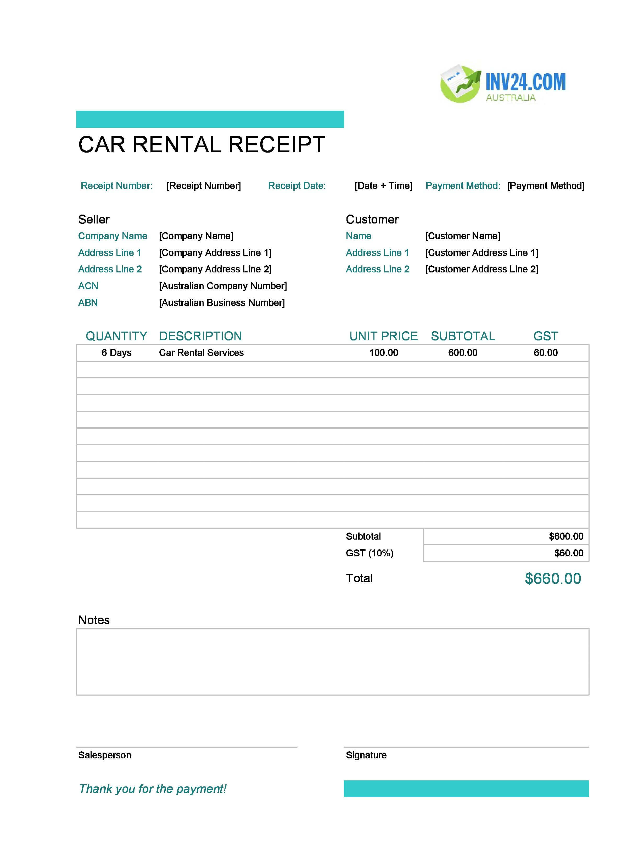 Car Rental Receipt Template for Australia (Excel / Google Sheets)