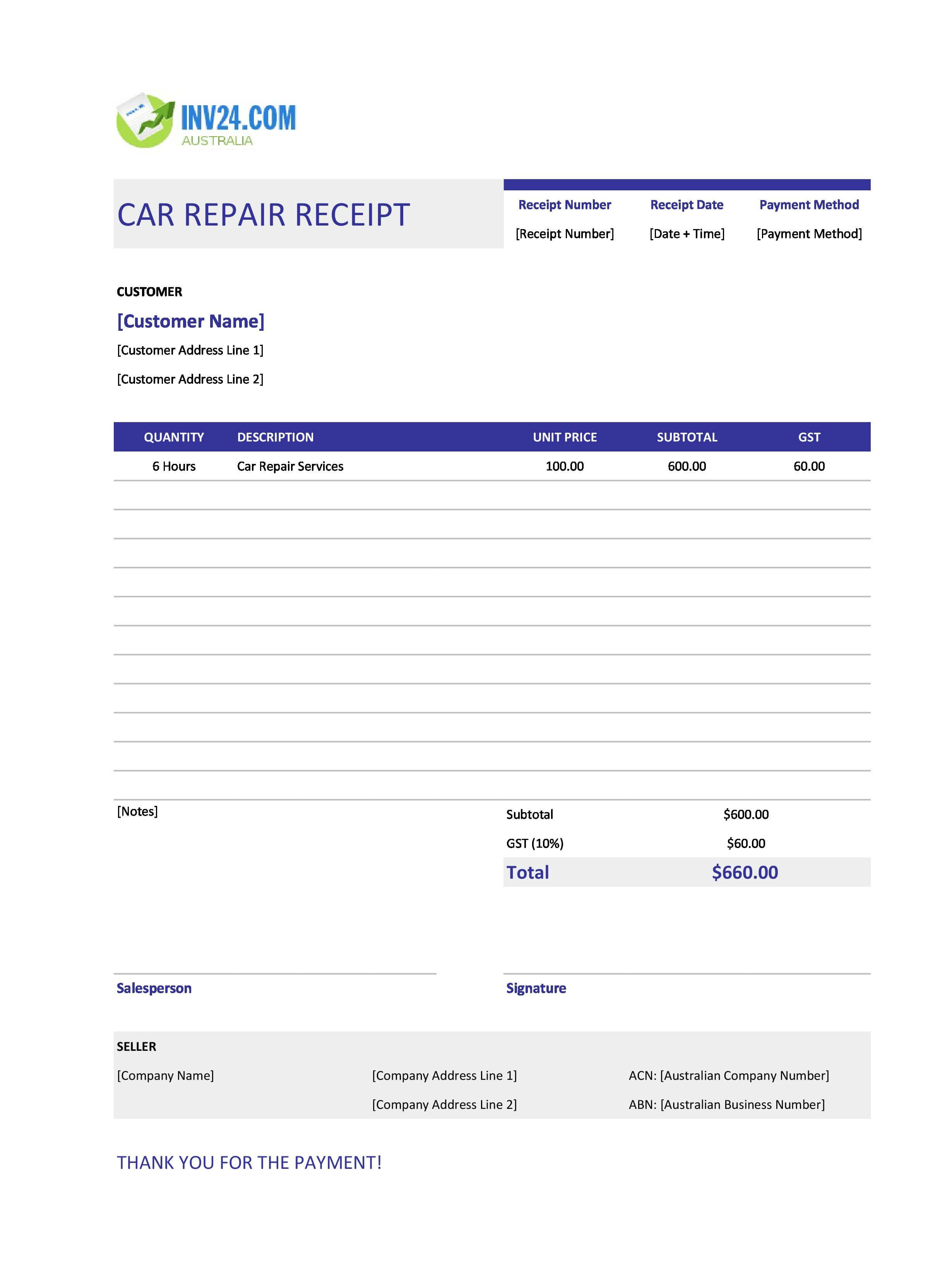 Car Repair Receipt Template for Australia (Excel / Google Sheets)