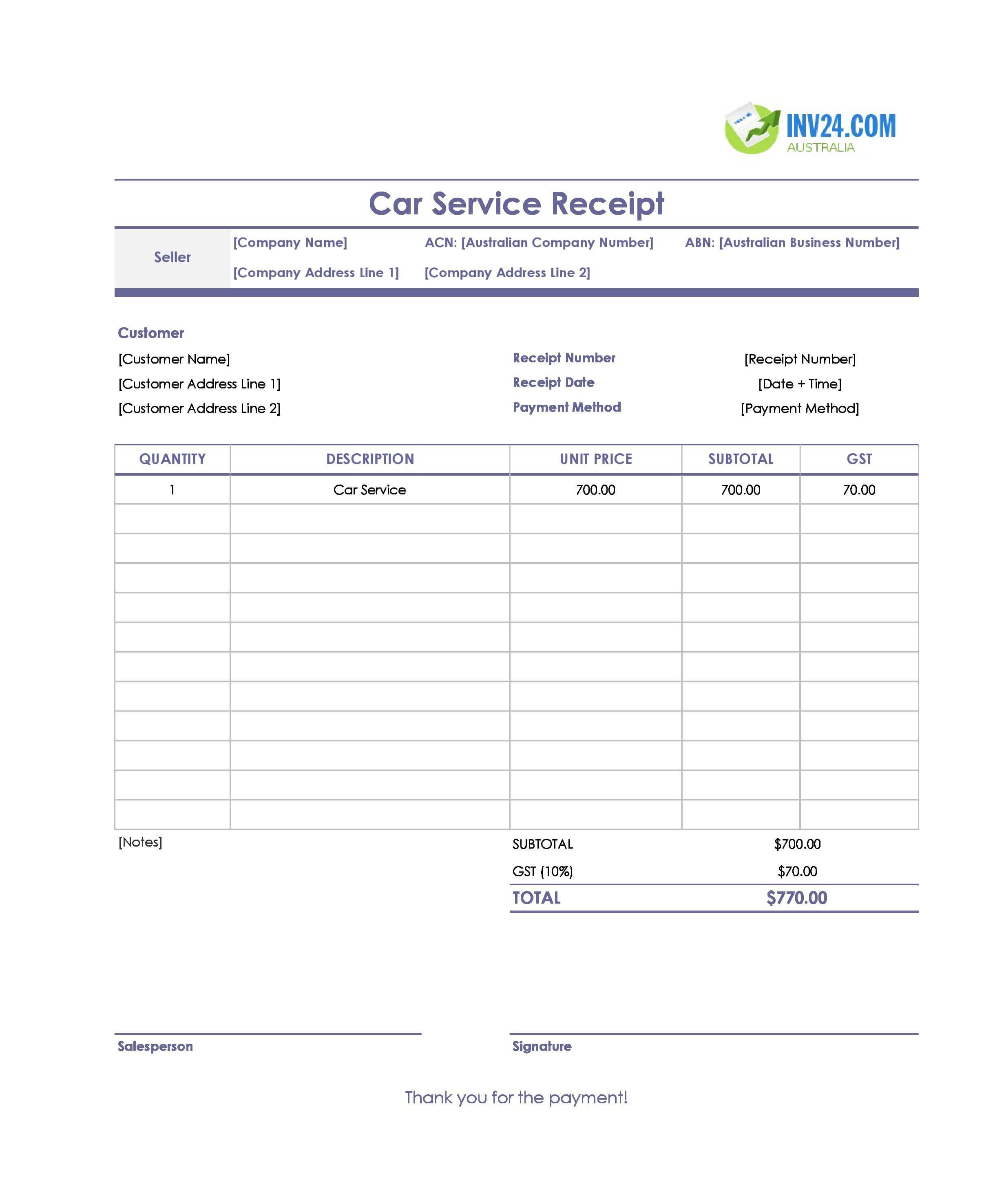 Car Service Receipt Template for Australia (Excel / Google Sheets)