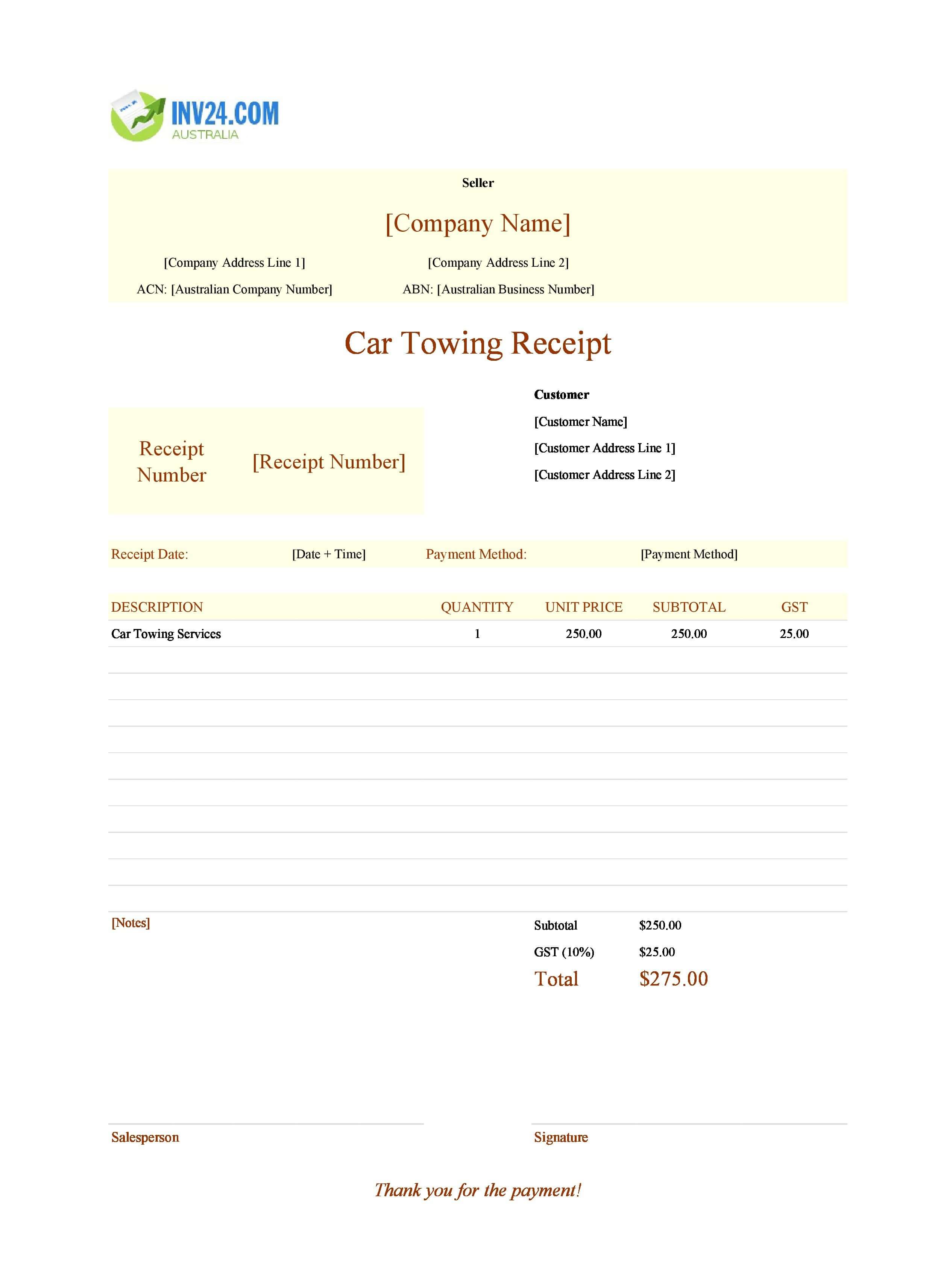 Car Towing Receipt Template for Australia (Excel / Google Sheets)
