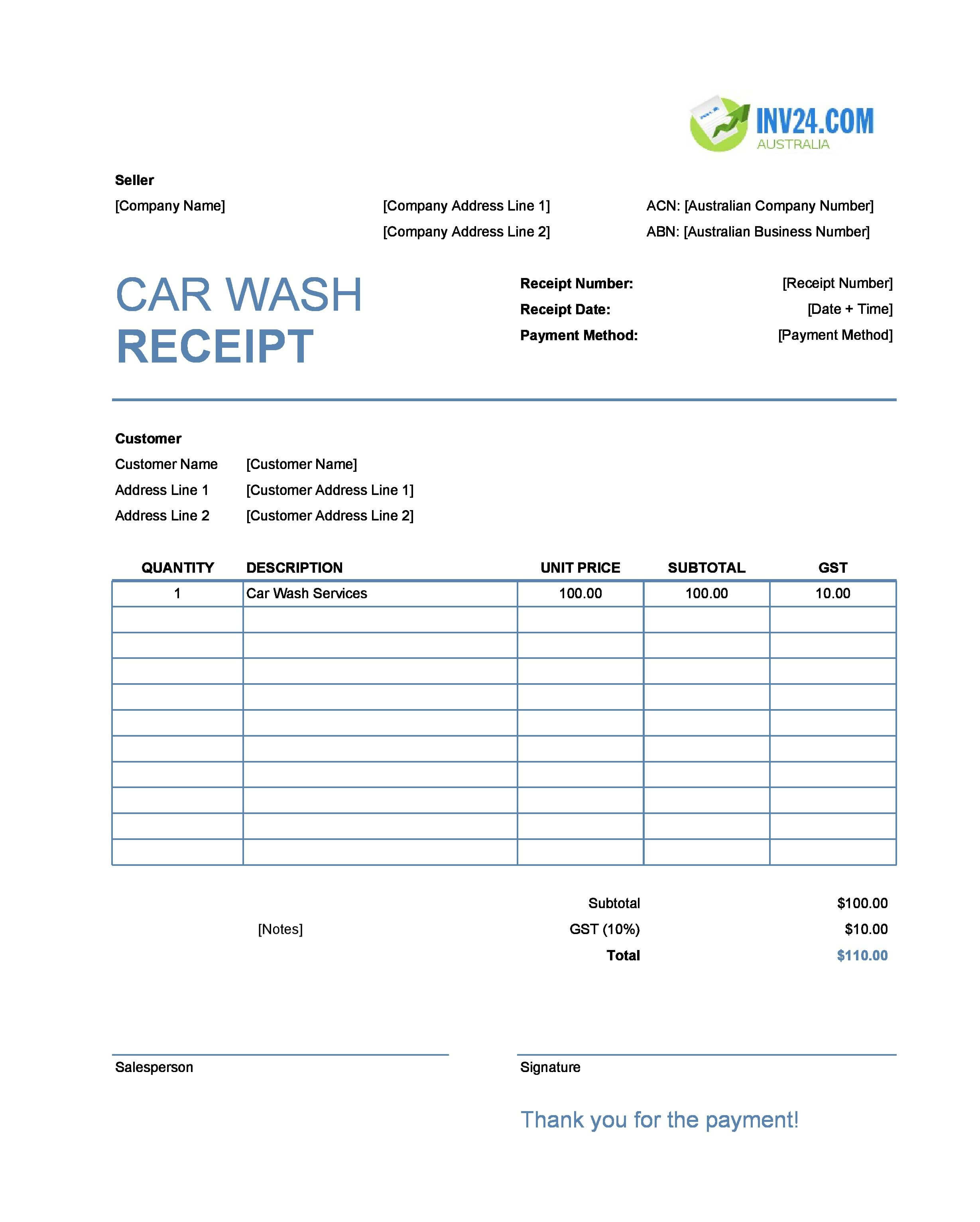 Car Wash Receipt Template for Australia (Excel / Google Sheets)