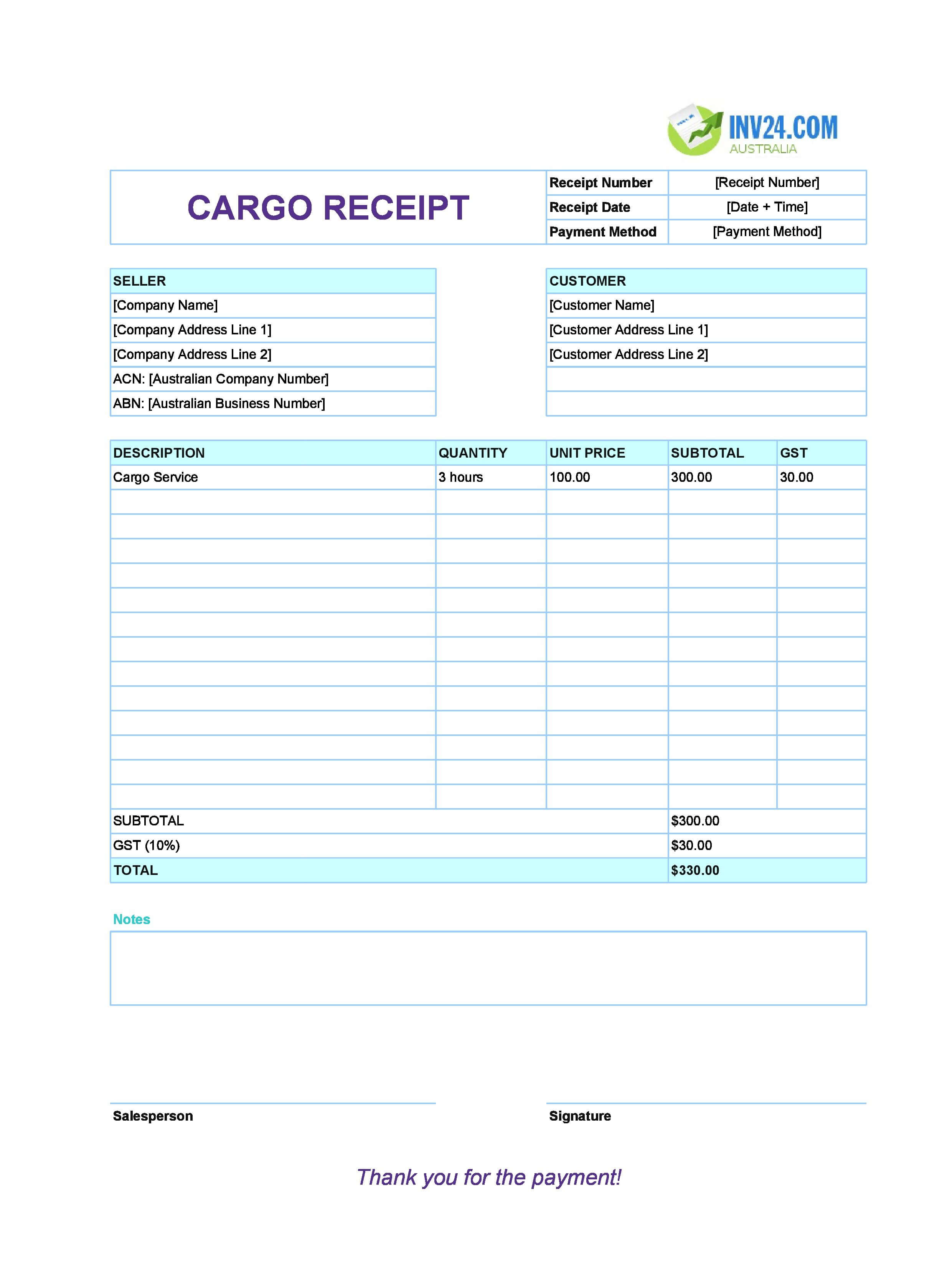 Cargo Receipt Template for Australia (Excel / Google Sheets)