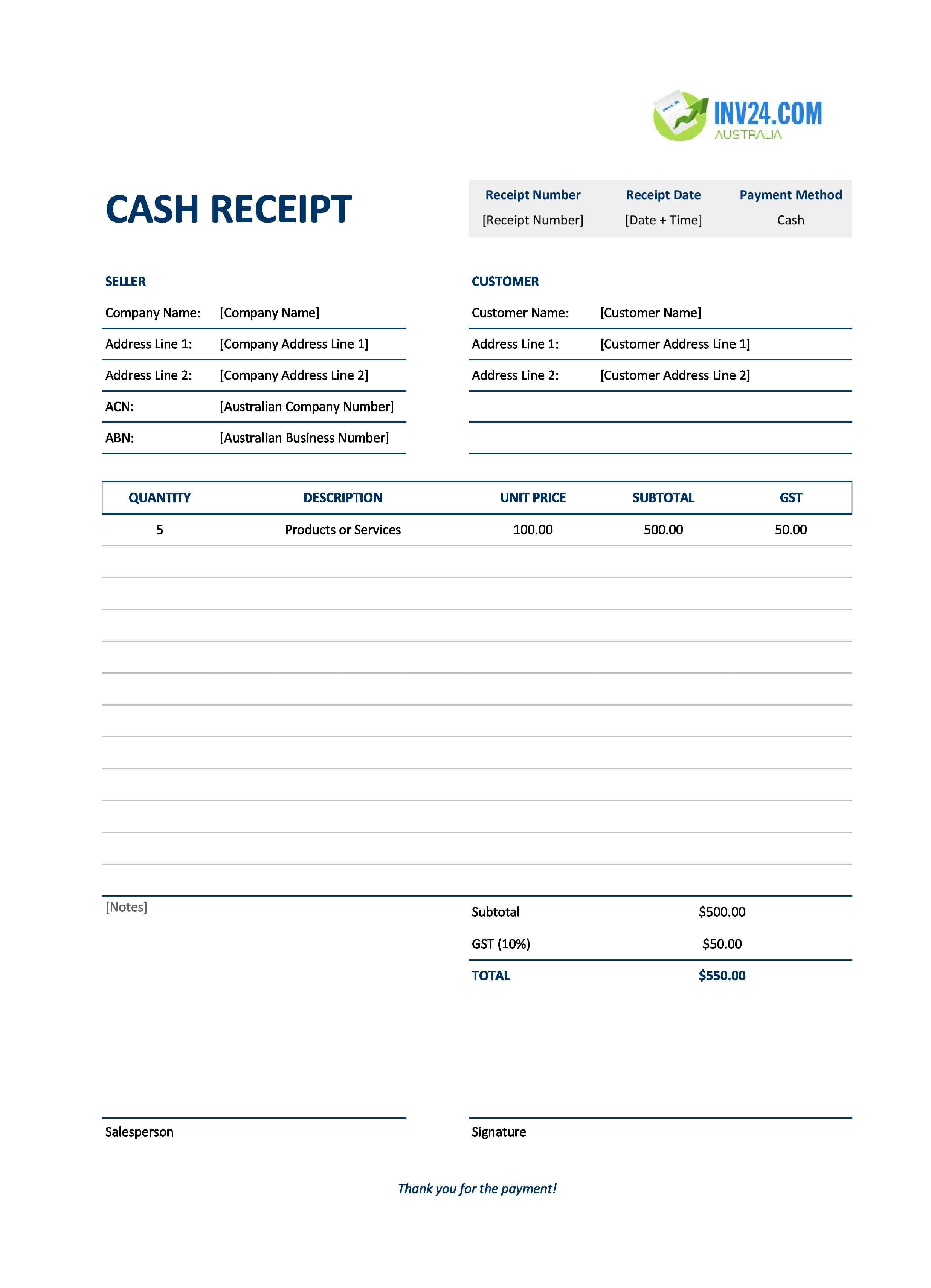 Cash Receipt Template for Australia (Excel / Google Sheets)