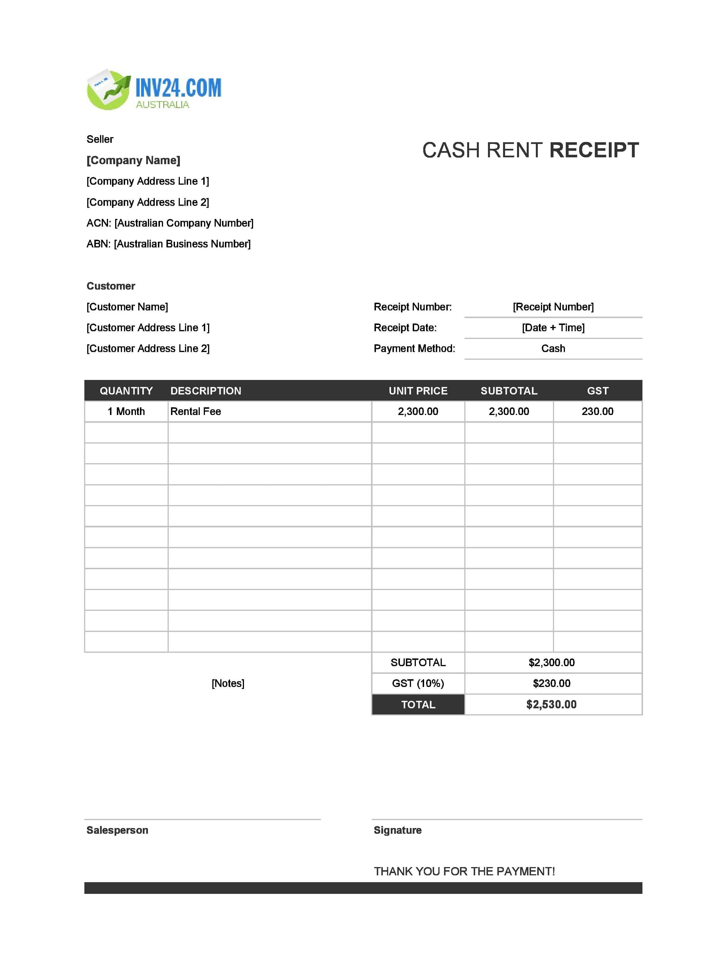 Cash Rent Receipt Template for Australia (Excel / Google Sheets)