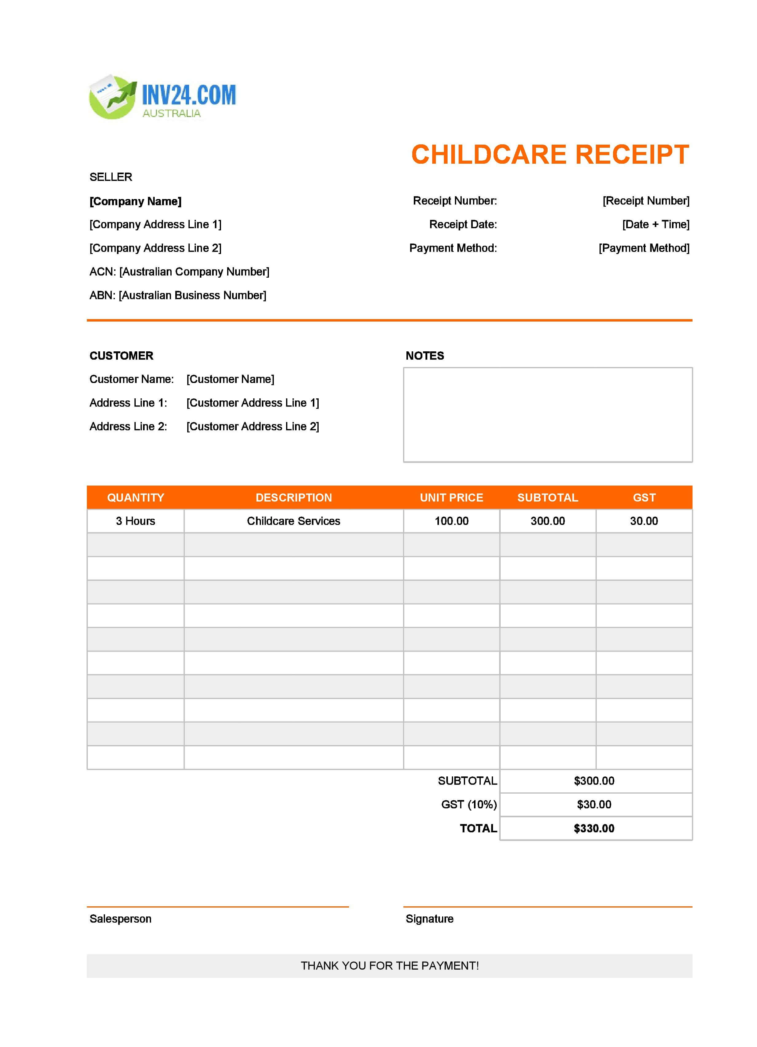 Childcare Receipt Template for Australia (Excel / Google Sheets)