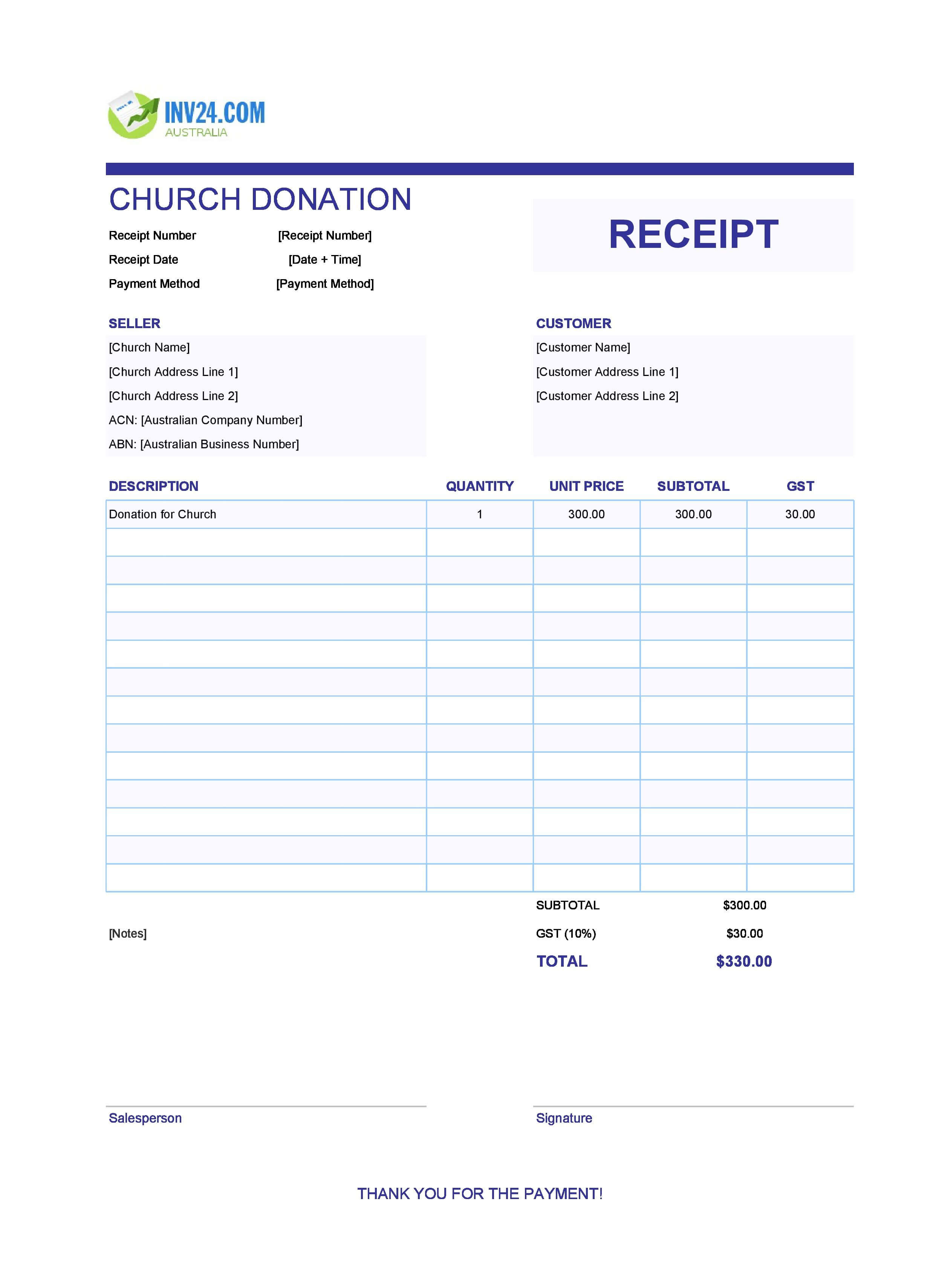 Church Donation Receipt Template for Australia (Excel / Google Sheets)