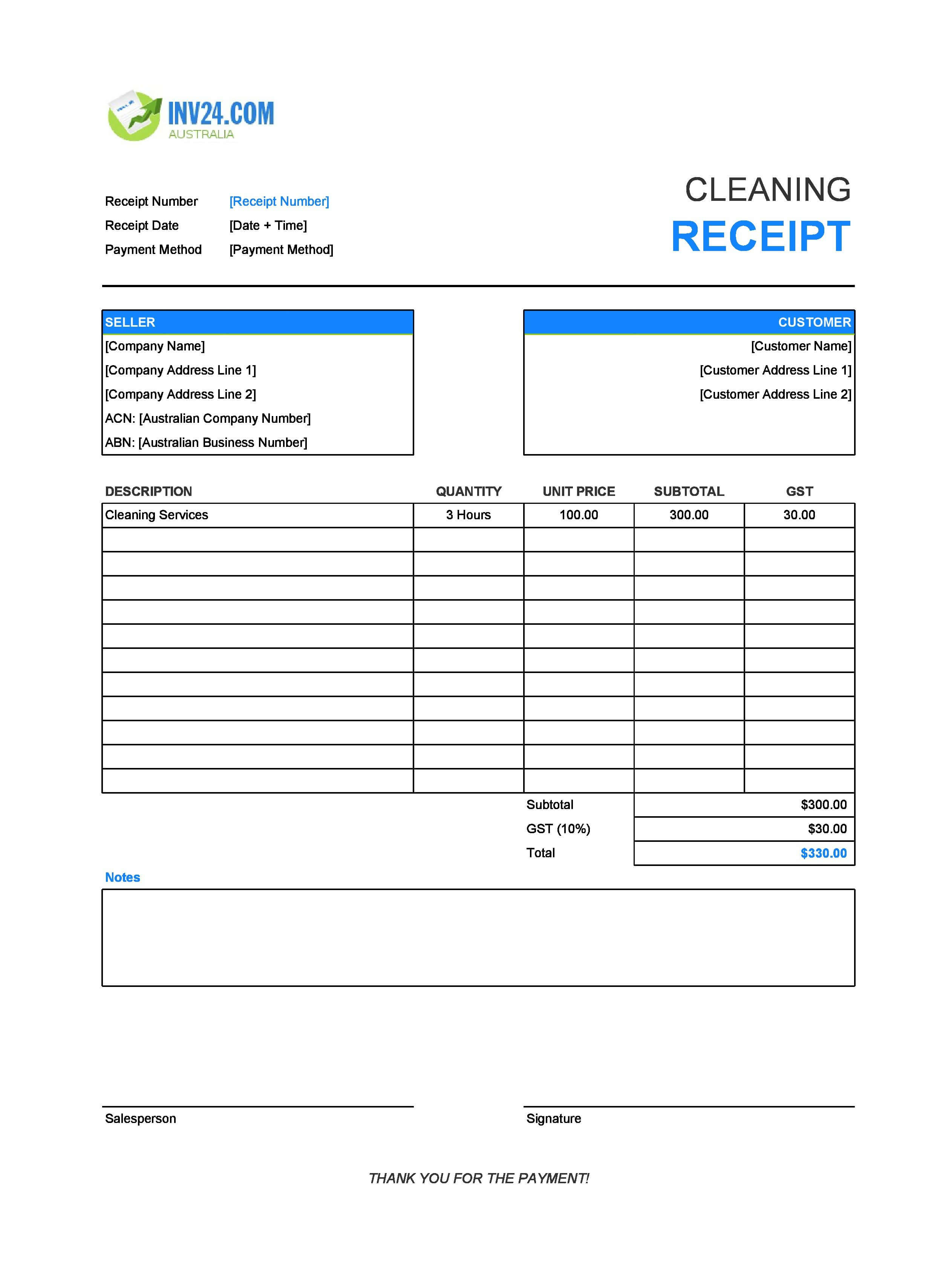 Cleaning Receipt Template for Australia (Excel / Google Sheets)