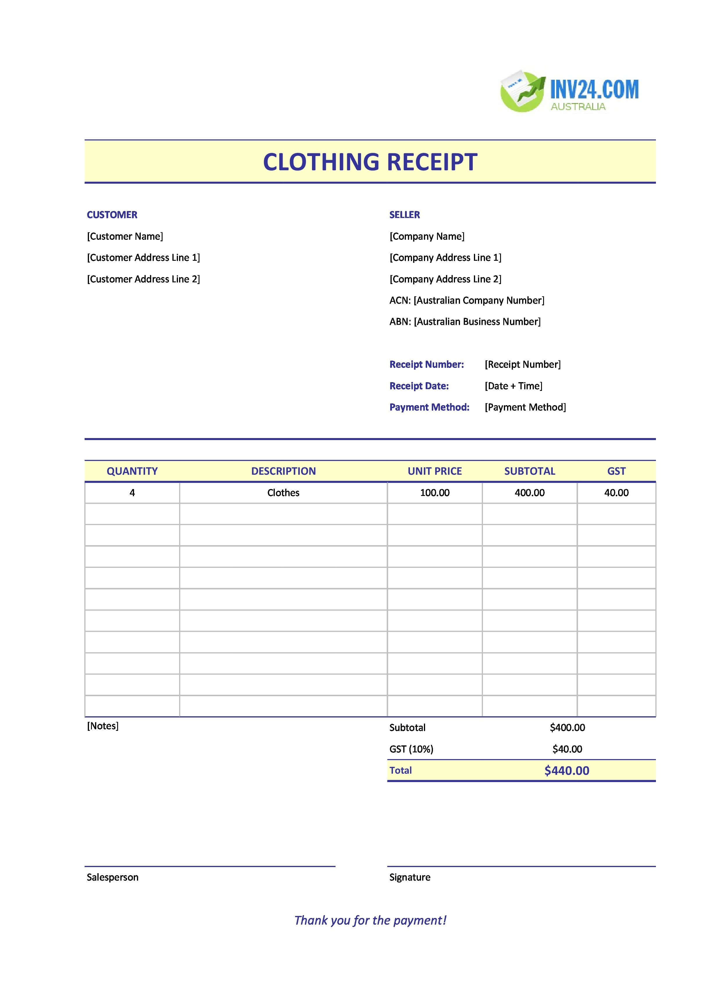 Clothing Receipt Template for Australia (Excel / Google Sheets)