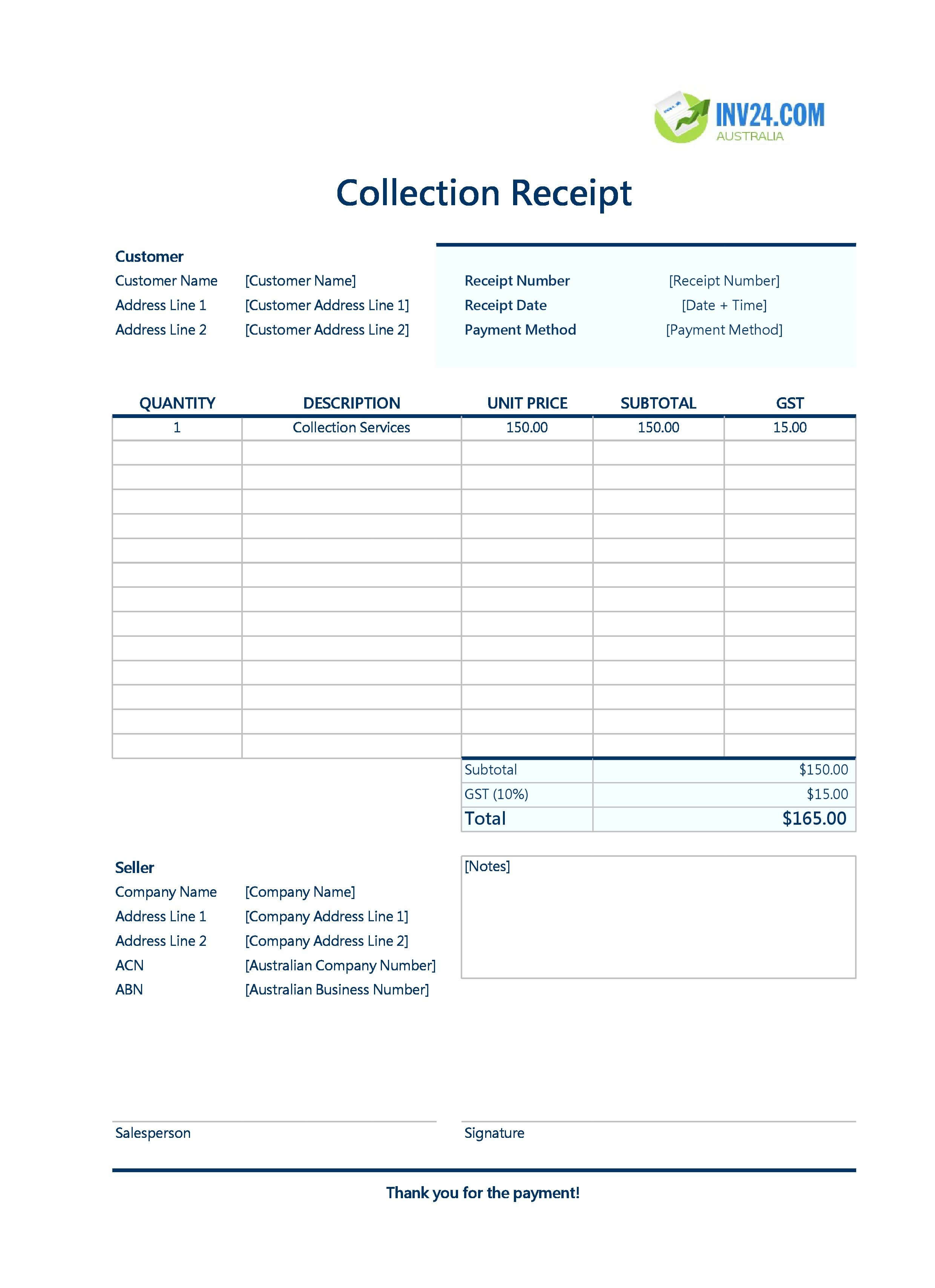 Collection Receipt Template for Australia (Excel / Google Sheets)