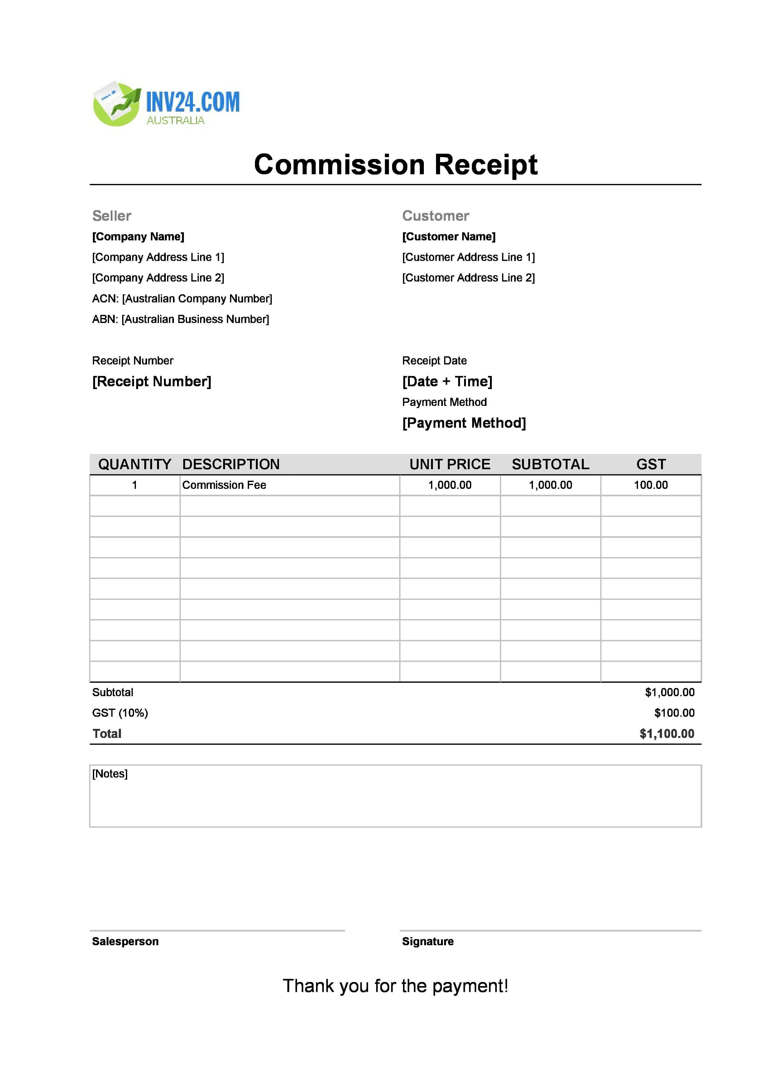 Commission Receipt Template for Australia (Excel / Google Sheets)