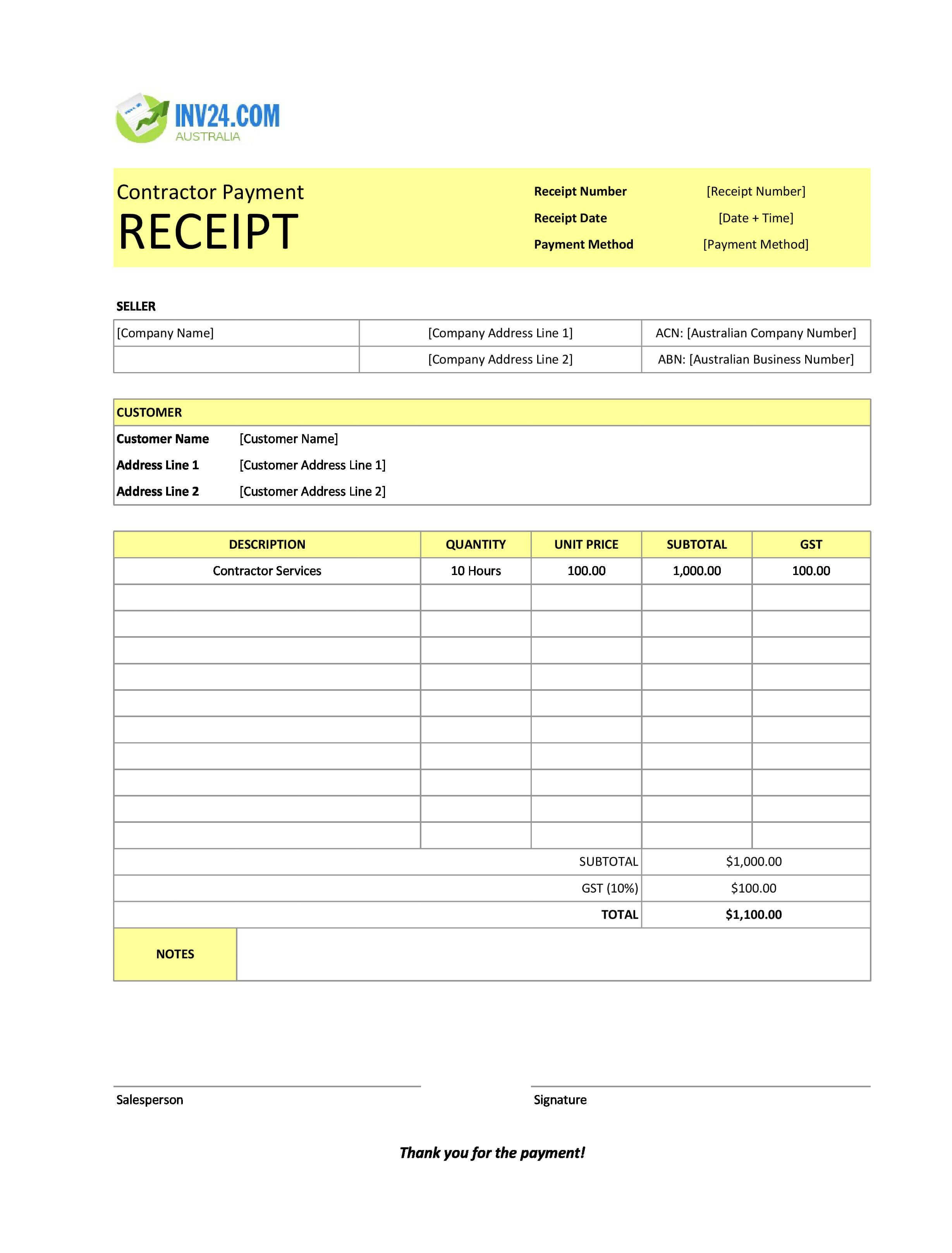 Contractor Payment Receipt Template for Australia (Excel / Google Sheets)