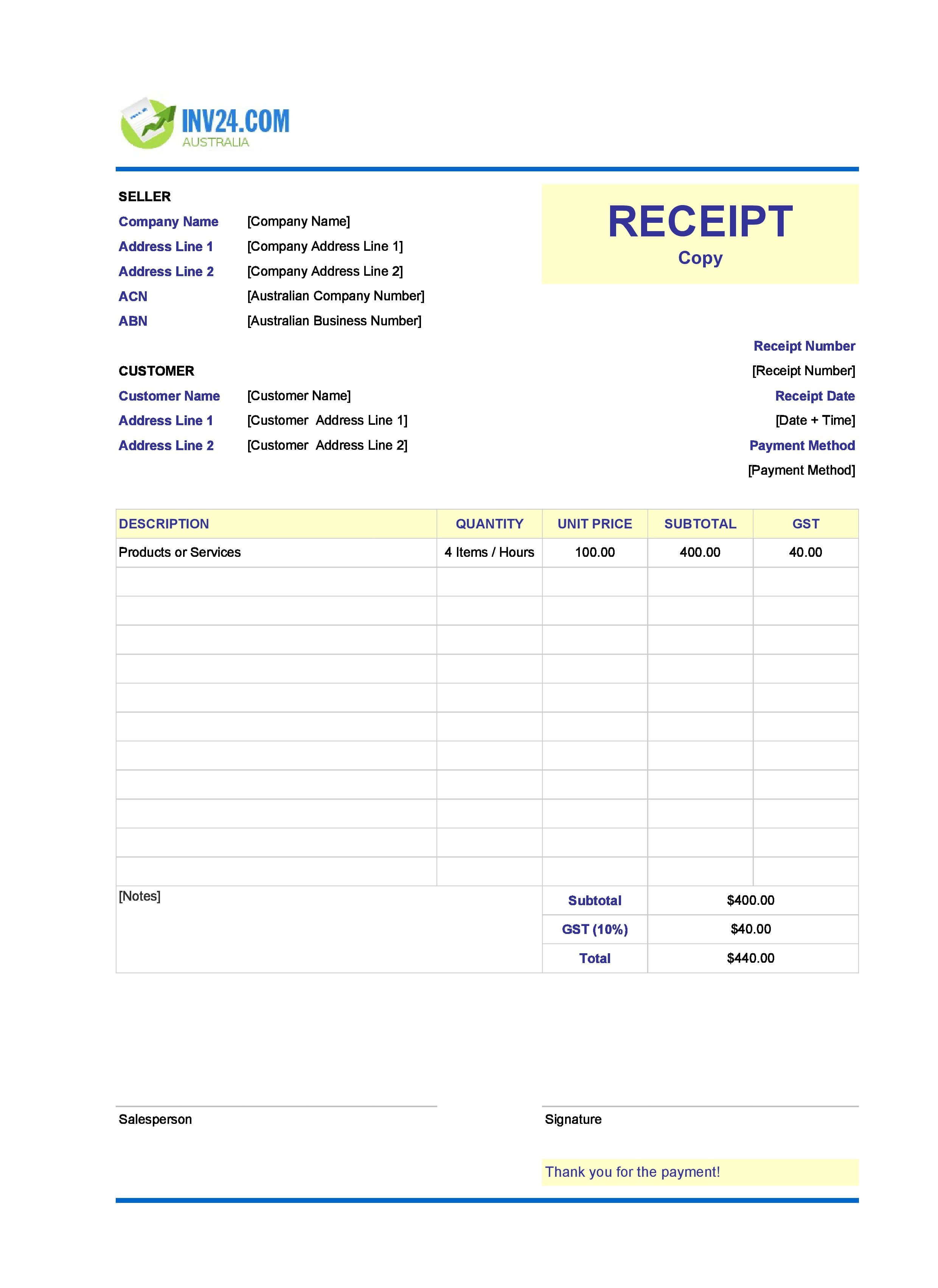 Copy of Receipt Template for Australia (Excel / Google Sheets)