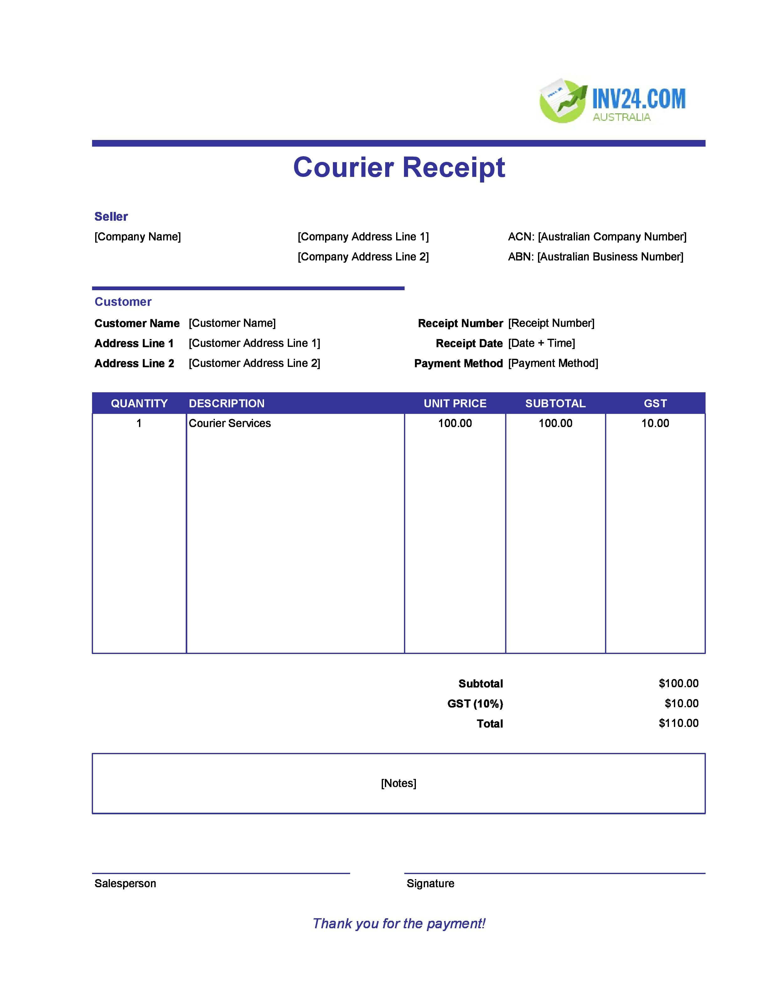 Courier Receipt Template for Australia (Excel / Google Sheets)